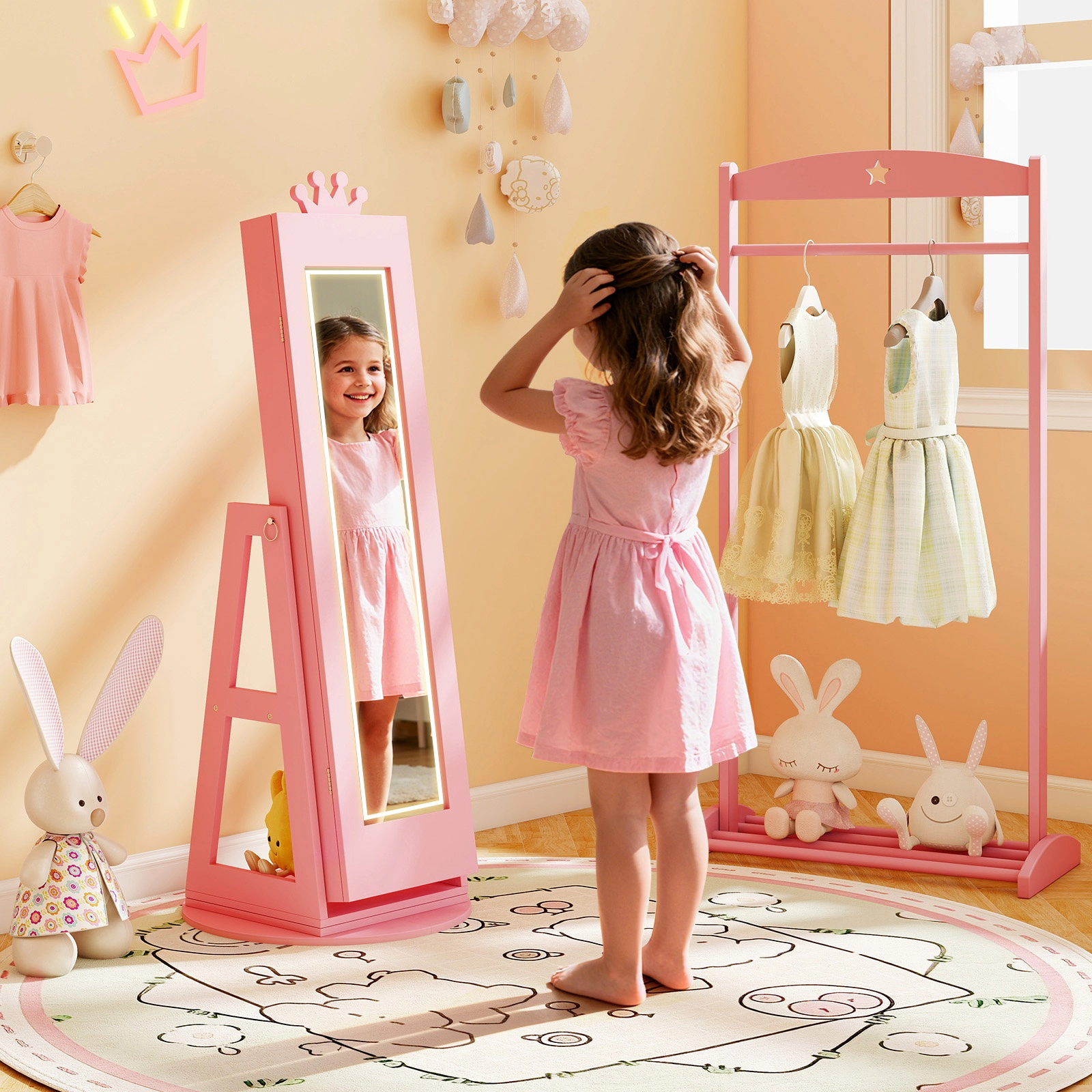 SUGIFT Kids Jewelry Armoire with 32.5-in Lighted Full-Length Mirror and 45-in Rotating Inner Mirror Cabinet