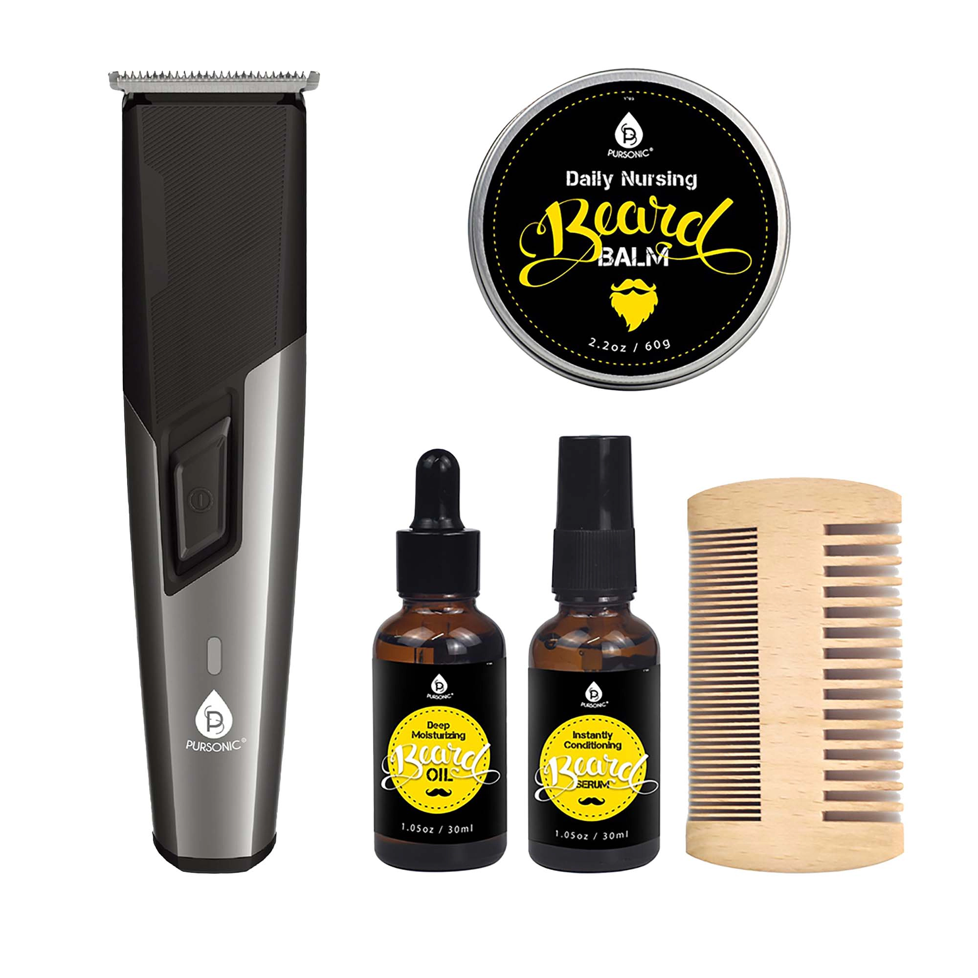 Pursonic Men's Rechargeable Hair, Beard, Nose & Ear Grooming Kit with Beard Care Grooming Bundle