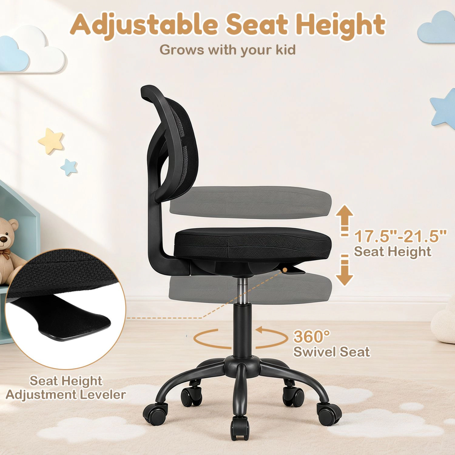 SlickBlue Swivel Kids Desk Chair with Wheels and Mesh Back