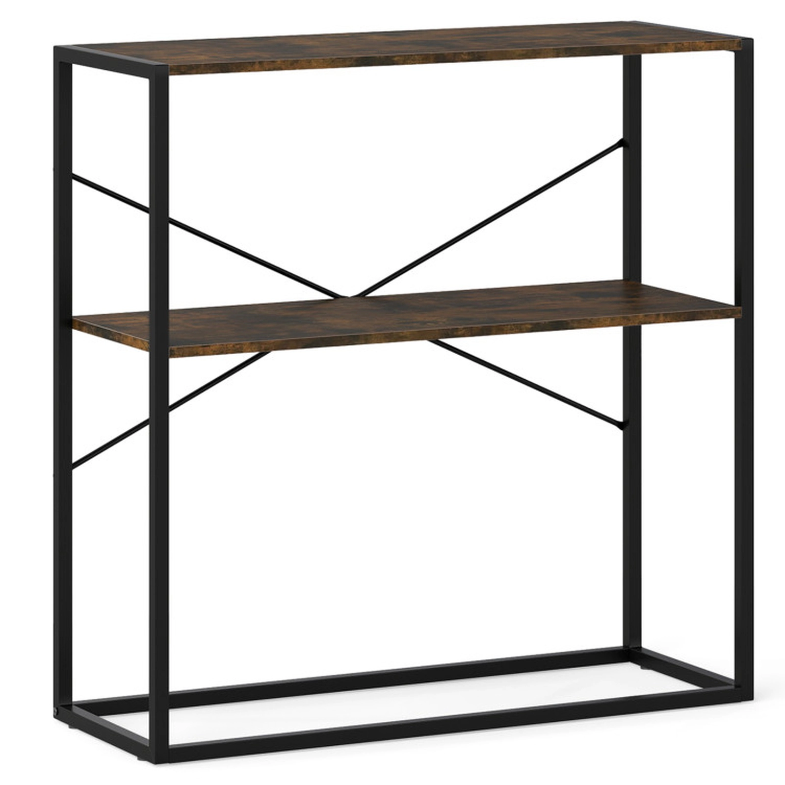 SUGIFT 2-Tier Open Shelves Black Metal X Frame Console Table 36-in x 13-in x 36-in 66-lb per Shelf Rustic Brown