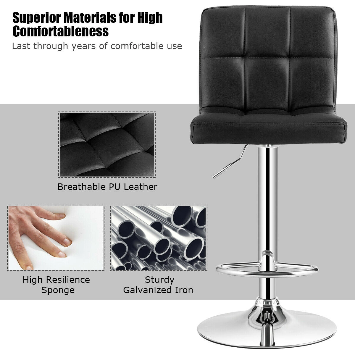 SUGIFT PU Leather Back and Footrest Set of 2 Square Swivel Adjustable Bar Stools