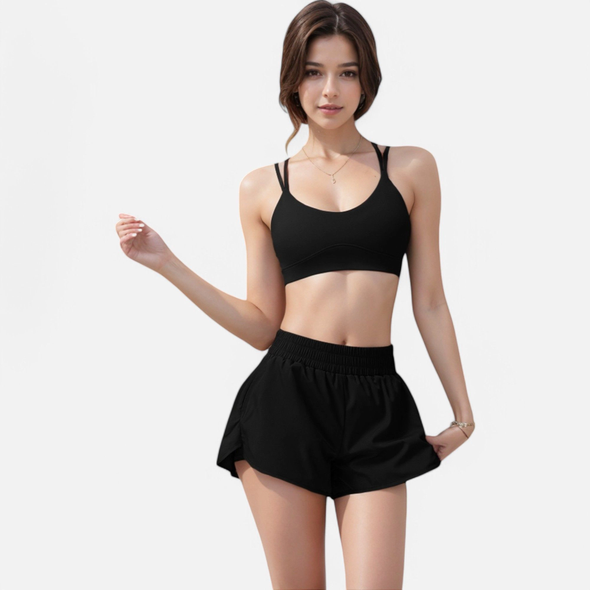 Anna-Kaci Women's High Waist Double Layered Running Shorts with Elastic Waistband and Curved Hem