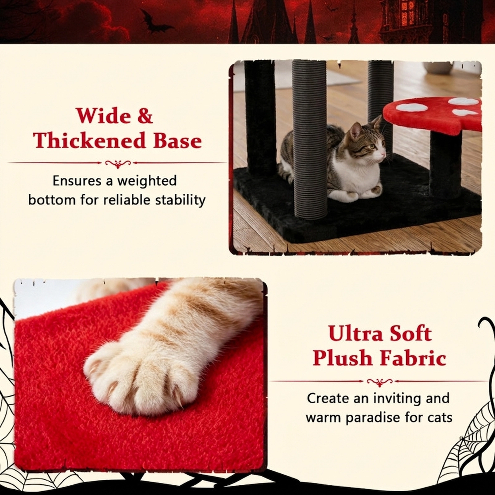 SUGIFT 57-in Gothic Spooky Cat Tree Tower with Padded Perch Condo and Spider Hanging Toy 22-lb Capacity Red and Black