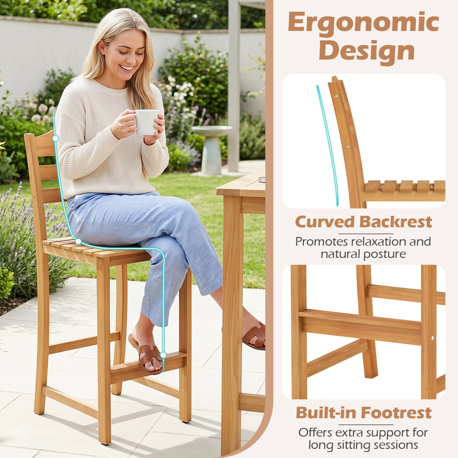 SUGIFT Natural Slatted Seat and Built-In Footrest Solid Acacia Wood Outdoor Bar Stool
