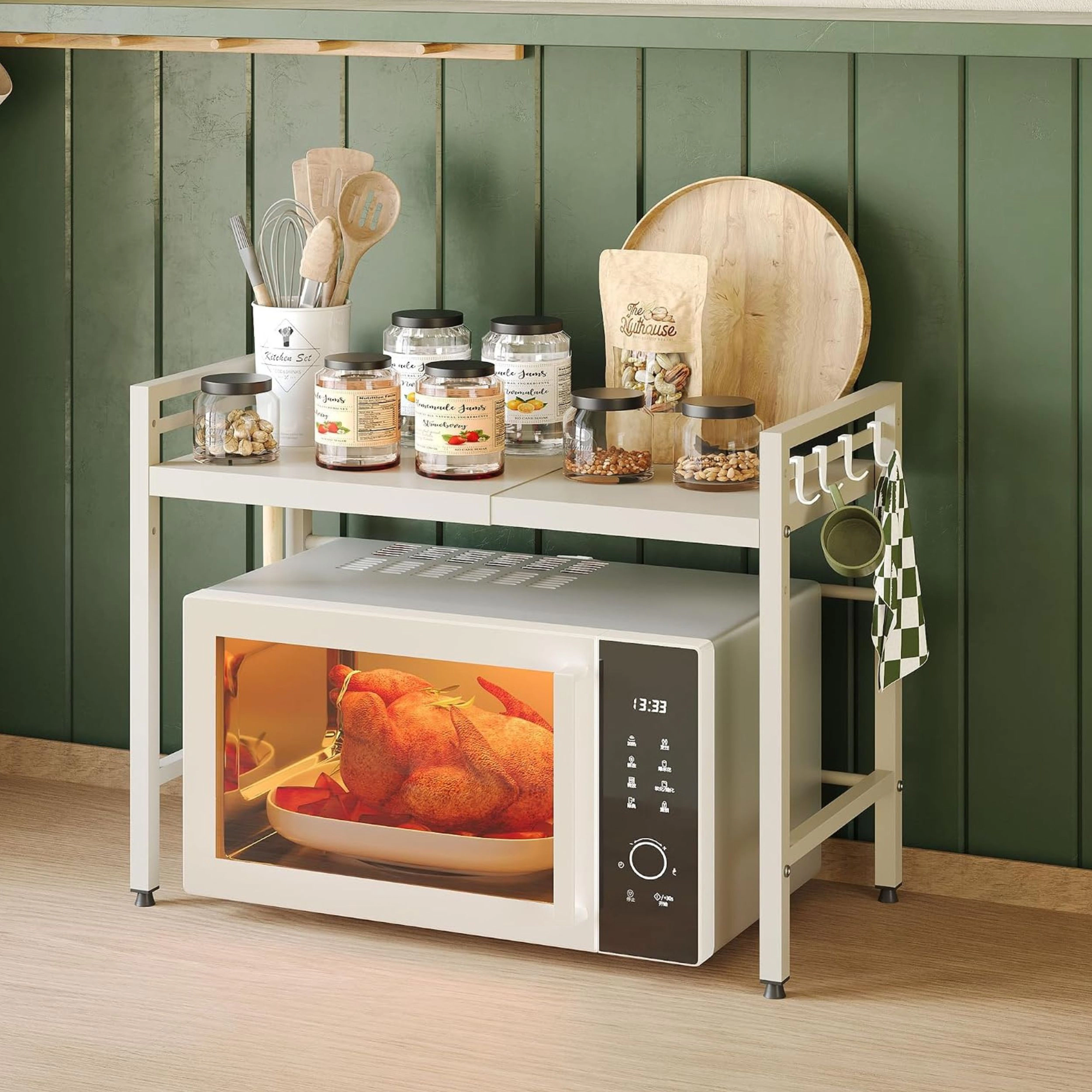 Stock Preferred 2Tier Expandable Microwave Stand with Hooks Adjustable Kitchen Storage Rack