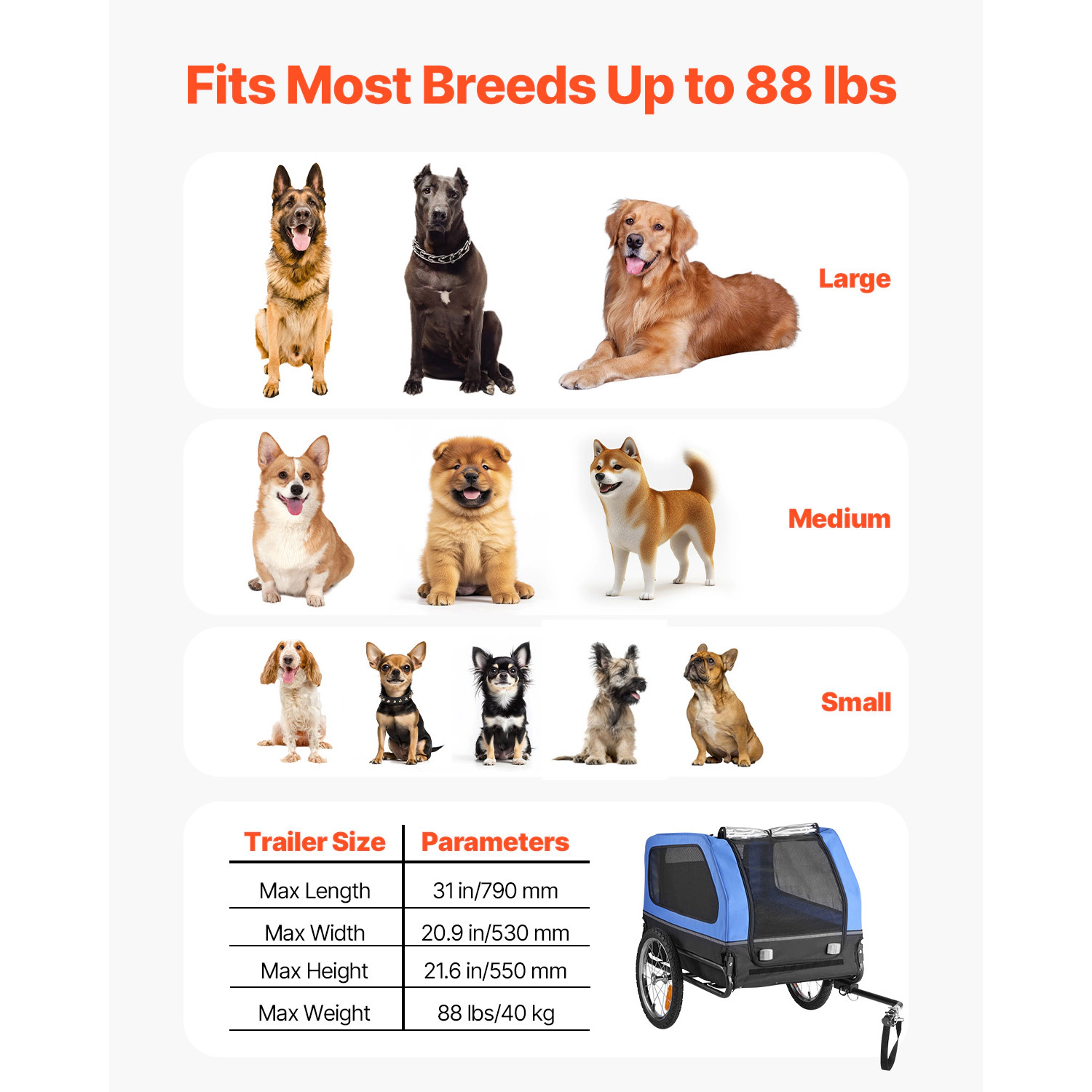HONGGE Foldable Dog Bike Trailer for Medium to Large Dogs, Supports up to 88 lbs, Fits 22-28 in Bicycle Wheels
