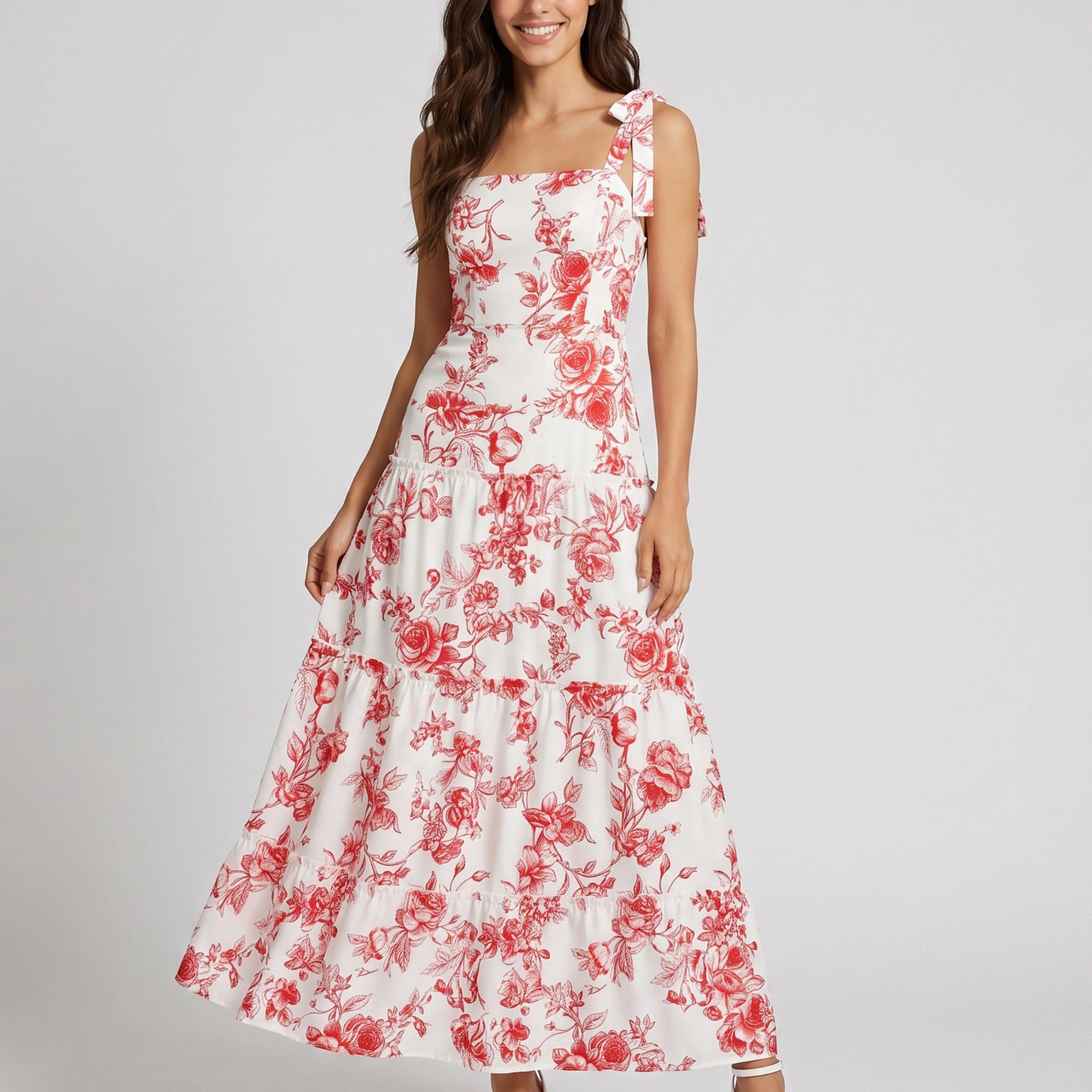 Anna-Kaci Women's Floral Print Tie Shoulder Smocked Bodice Tiered Square Neck A-Line Maxi Dress