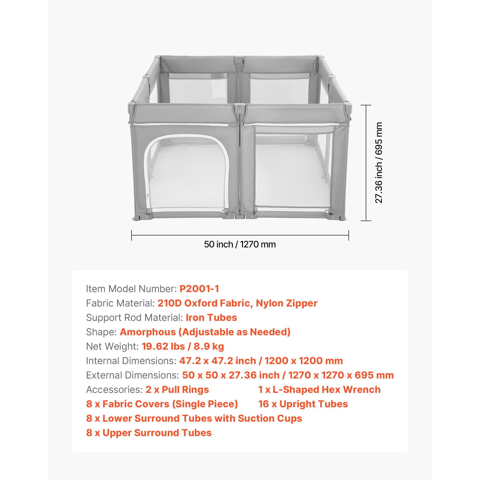 HONGGE Foldable Baby Playpen 47.2 x 47.2 In, Modular Mesh Play Yard for Indoor Outdoor Toddlers 6-24 Months