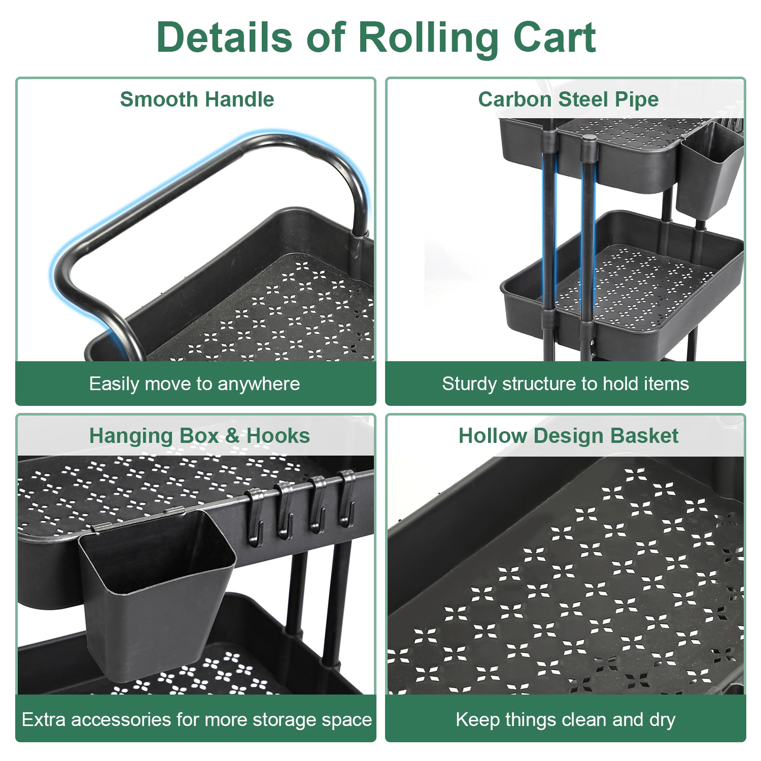 GBruno 3-Tier Rolling Utility Cart With Mesh Baskets