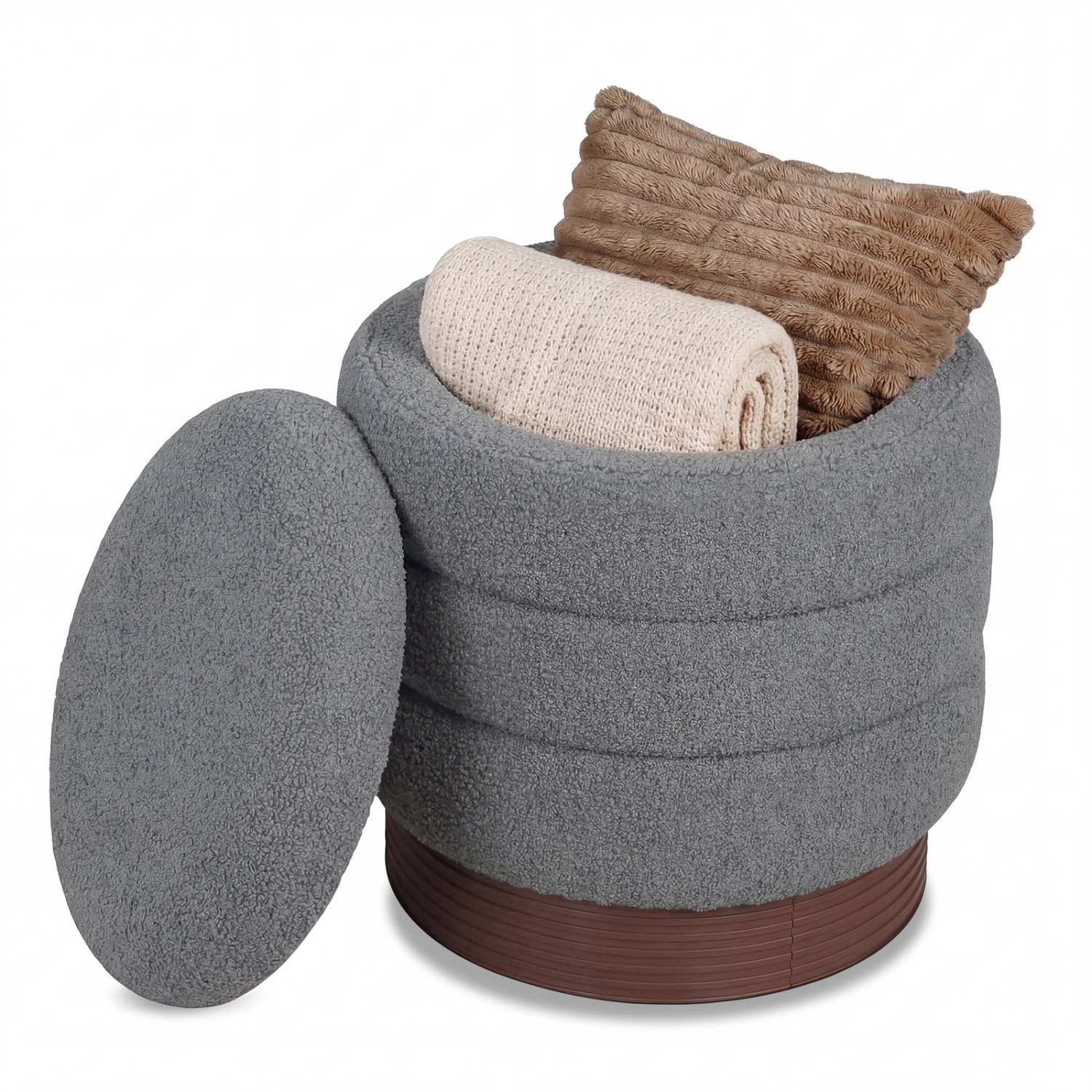 LJG Round Storage Ottoman with Acacia Wood Frame for Living Room