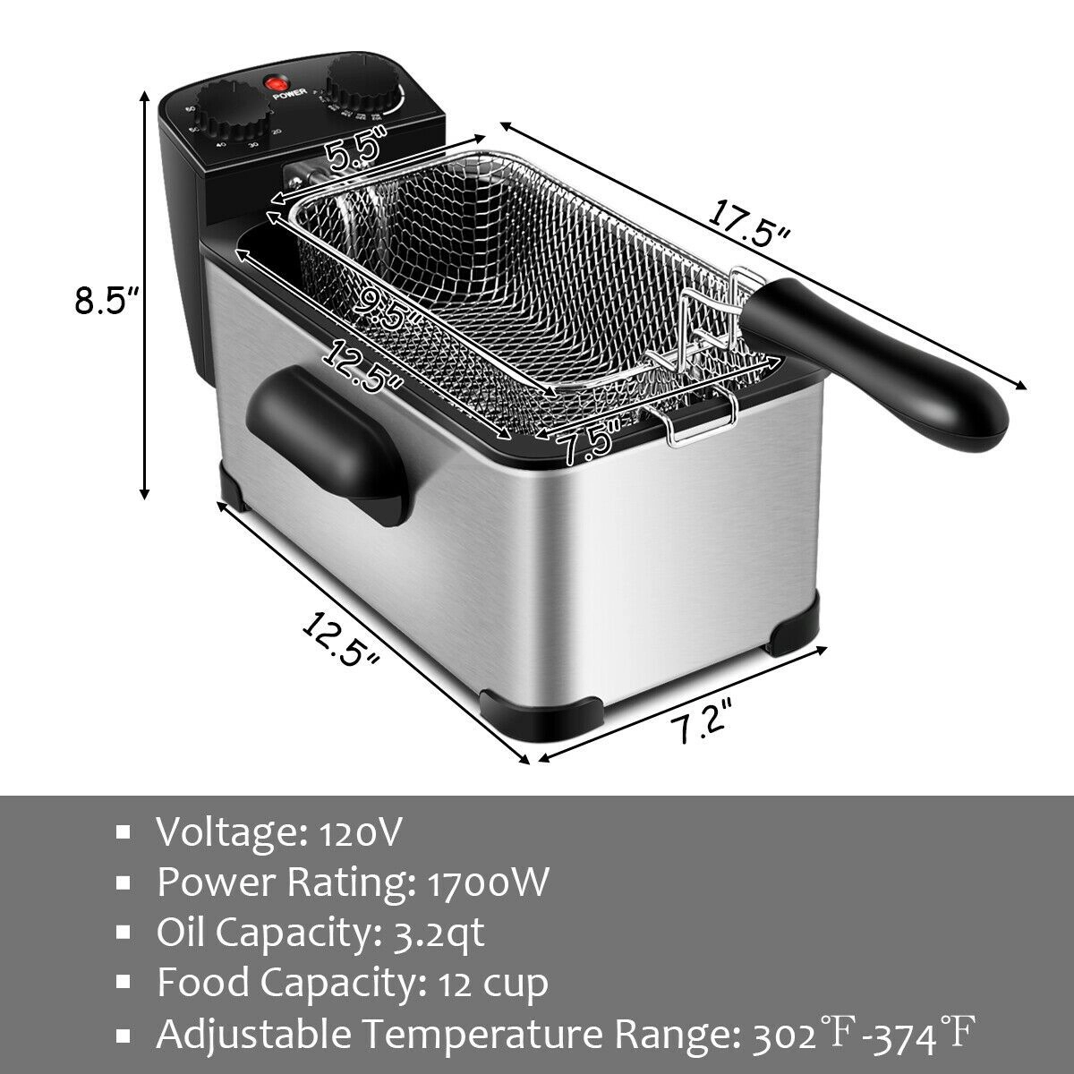 SlickBlue Stainless Steel Electric Deep Fryer 1700W 3.2Qt Oil Pot 60-Min Timer
