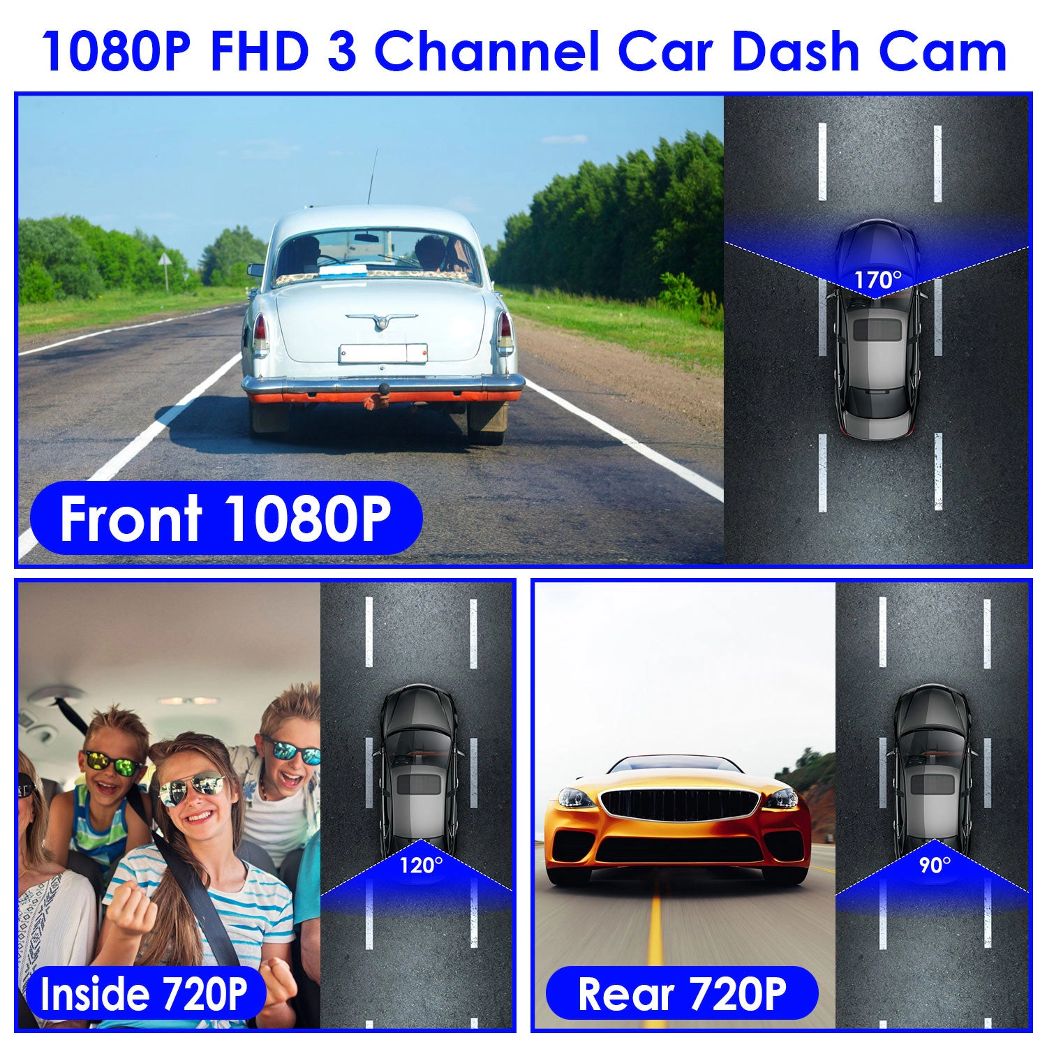GBruno WiFi 3-Channel Car Dash Cam With 64GB Card