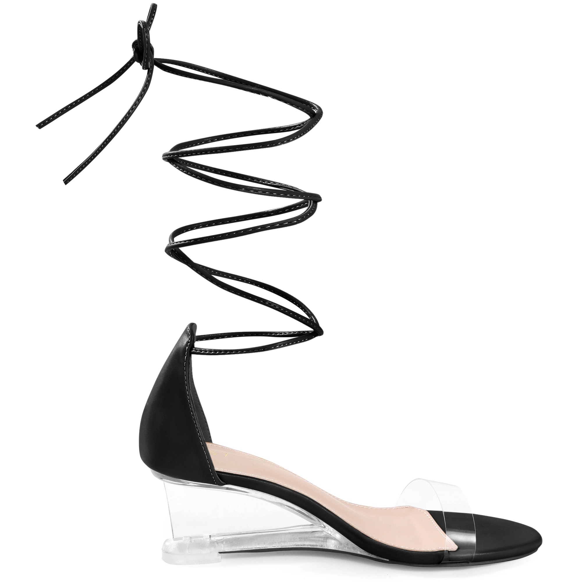 BLISSFUL STEP Women's Clear Strap Lace Up Open Toe Wedges Heel Sandals