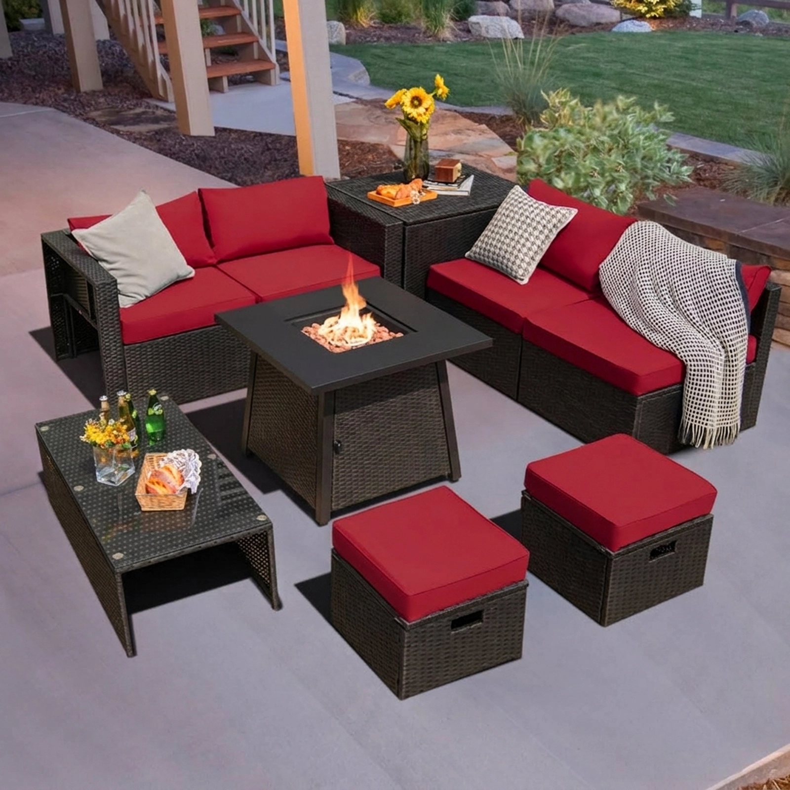 SUGIFT 9-Piece Red Patio Rattan Set with 30-in Propane Fire Pit Table and Dust Cover 220-lb Table Capacity