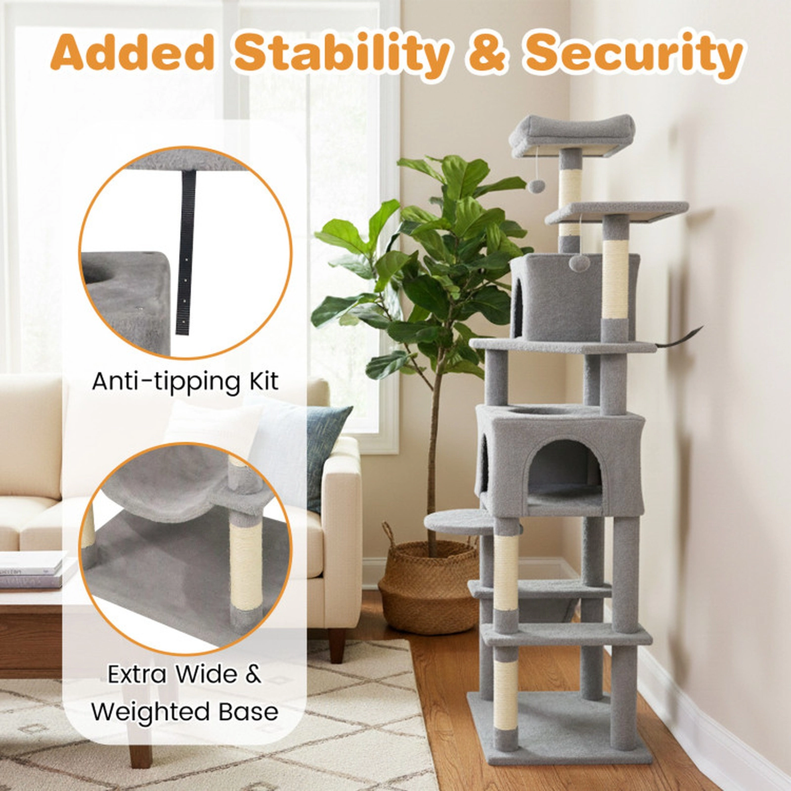 SUGIFT 58-in Gray Multi-Level Modern Cat Tree Tower with 2 Wide-Entry Condos Basket Hammock and Perch