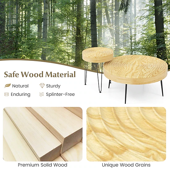 Glintex 2-Piece Solid Pine Round Coffee Table Set with Ripple-Pattern Tops, Natural