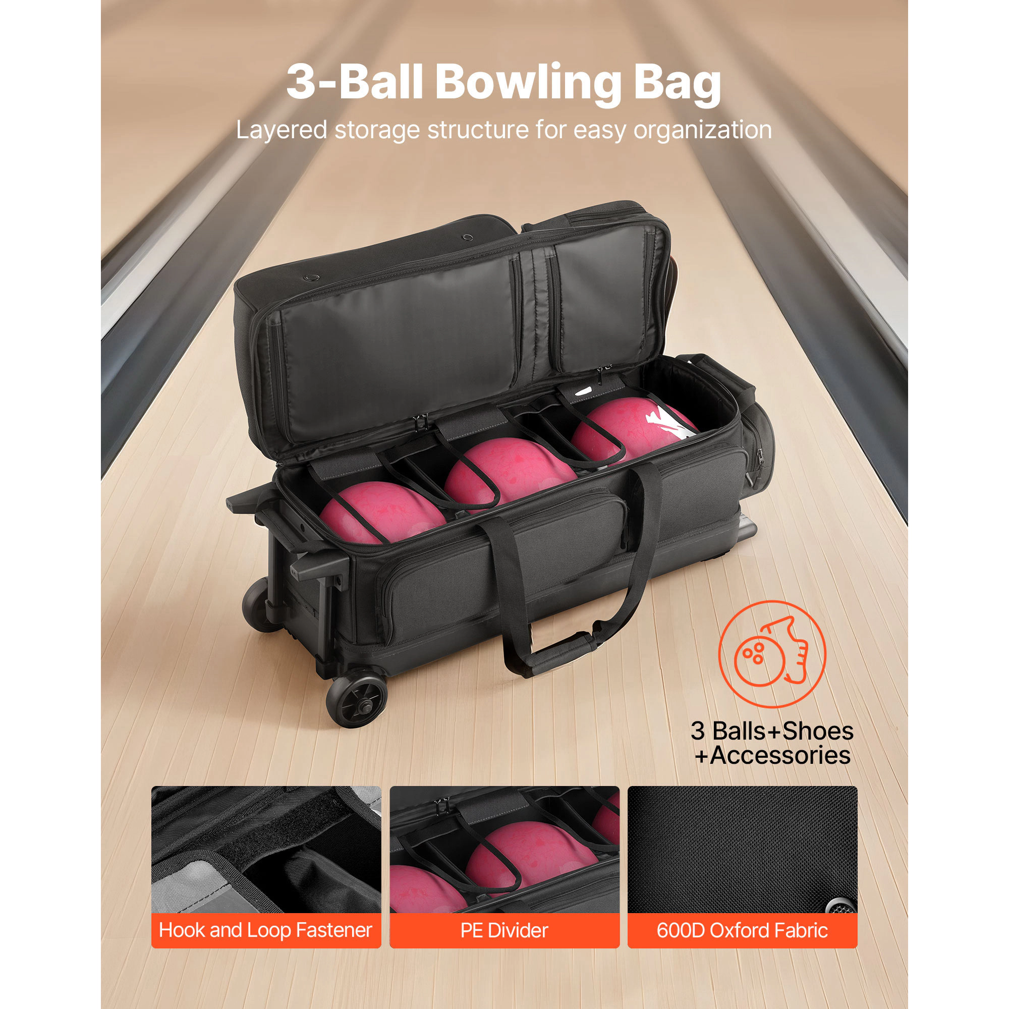 HONGGE Bowling Ball Bag, Double Roller Bowling Bag with Wheels