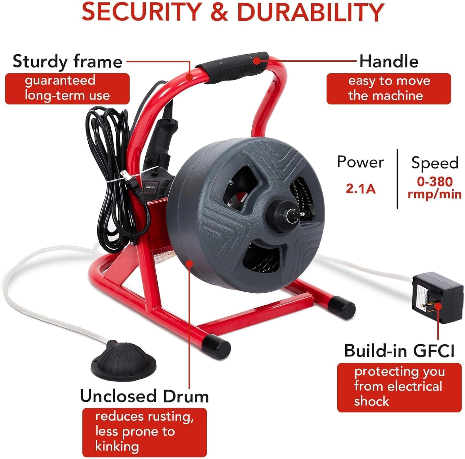 50Ft Electric Drain Cleaner Machine with Foot Switch & 6 Cutters, Sewer Snake for 3/4" to 3" Pipes