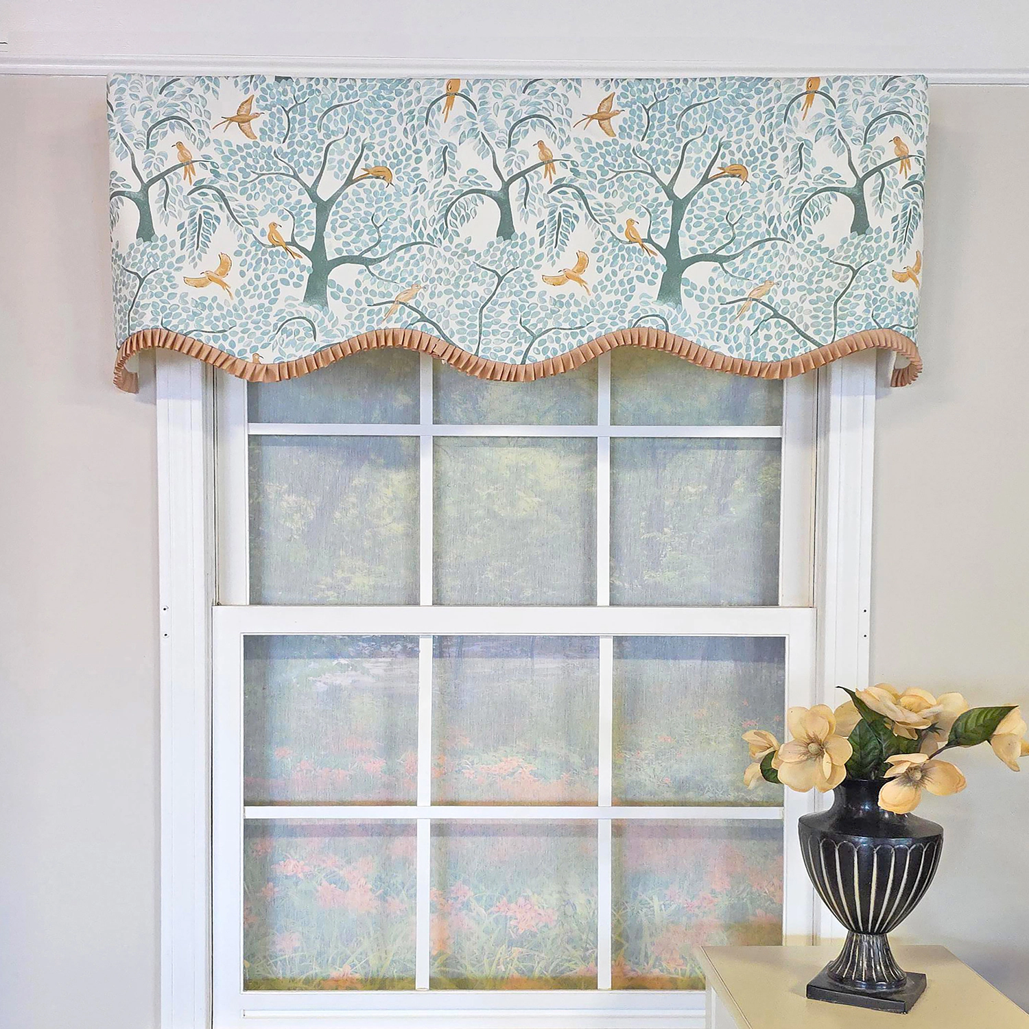 RLF Home Tree Bird Ruffled Provance Window Valance 100% Cotton Lined Rod Pocket 50" x 17