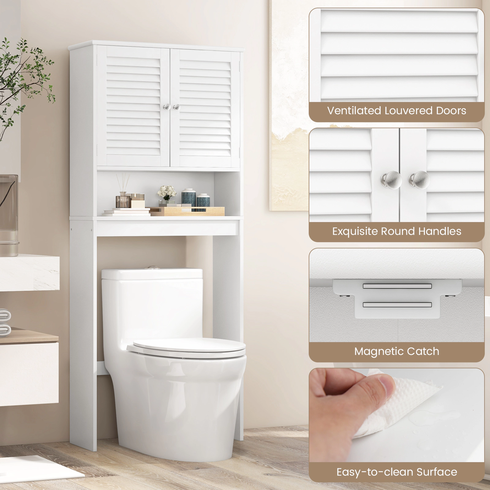 Slickblue Over The Toilet Bathroom Storage Cabinet with Double Doors and Adjustable Shelf