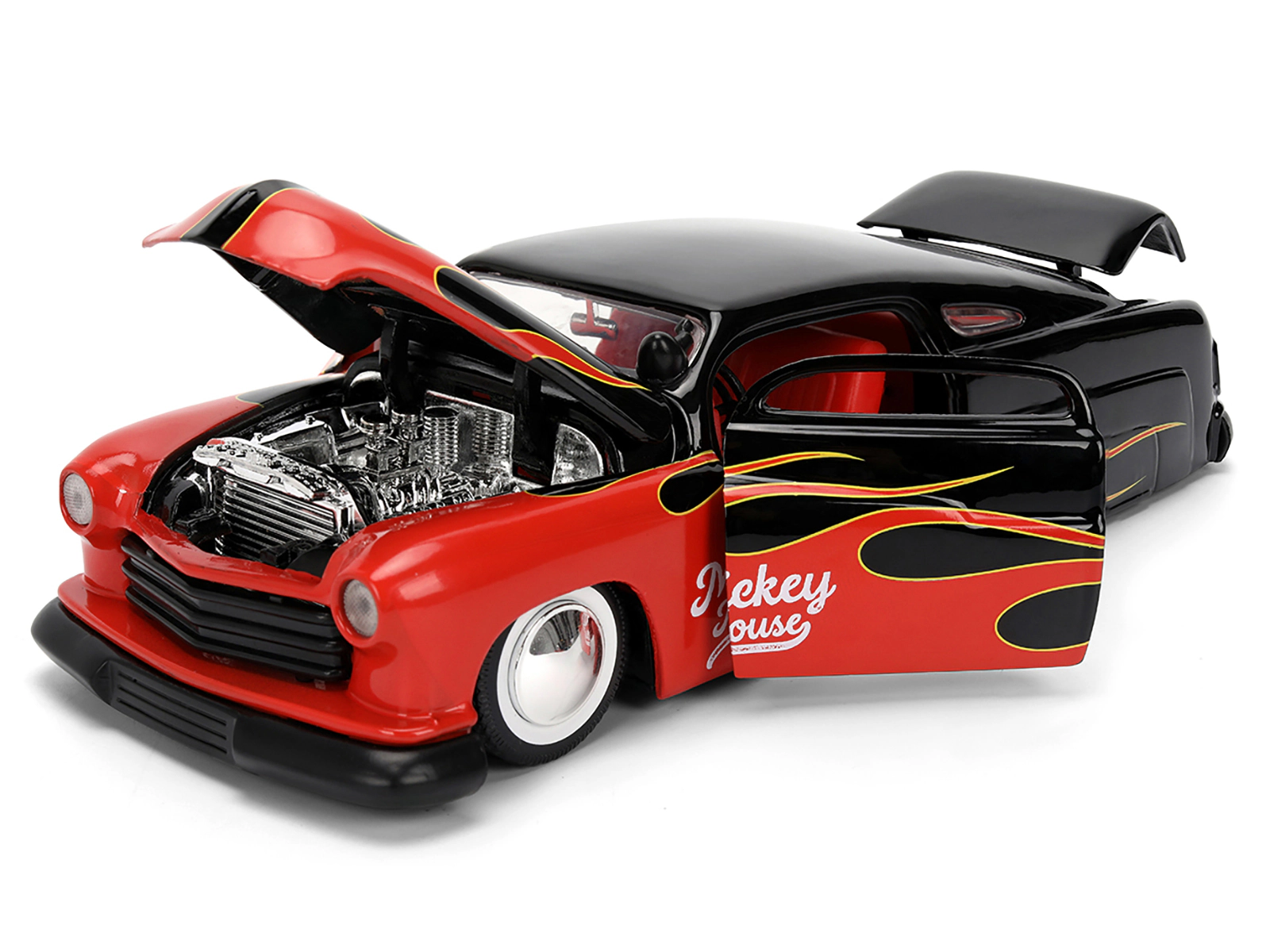 Jada 1951 Mercury Coupe Black with Flame Graphics and Red Interior and Mickey Mouse Diecast Figure "Disney's