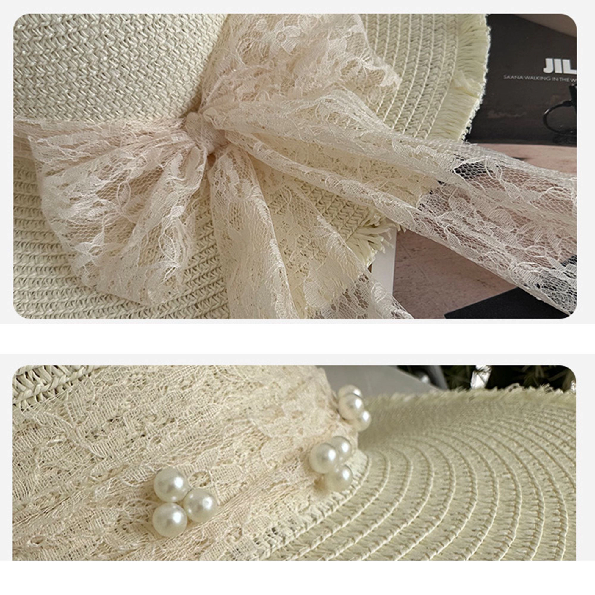 Anna-Kaci Women's Straw Wide Brim Sun Hat with Lace Bow Detail Elegant Summer Beach