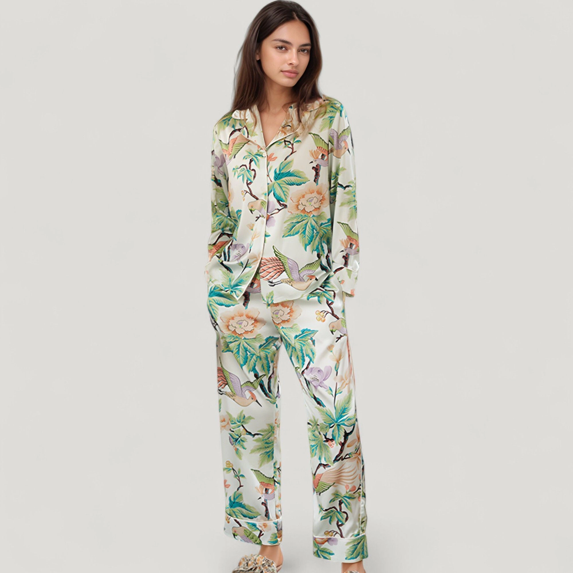 Anna-Kaci Women's Bird and Floral Print Pajama Set with Button Down Long Sleeve Top Relaxed Fit Woven Pants