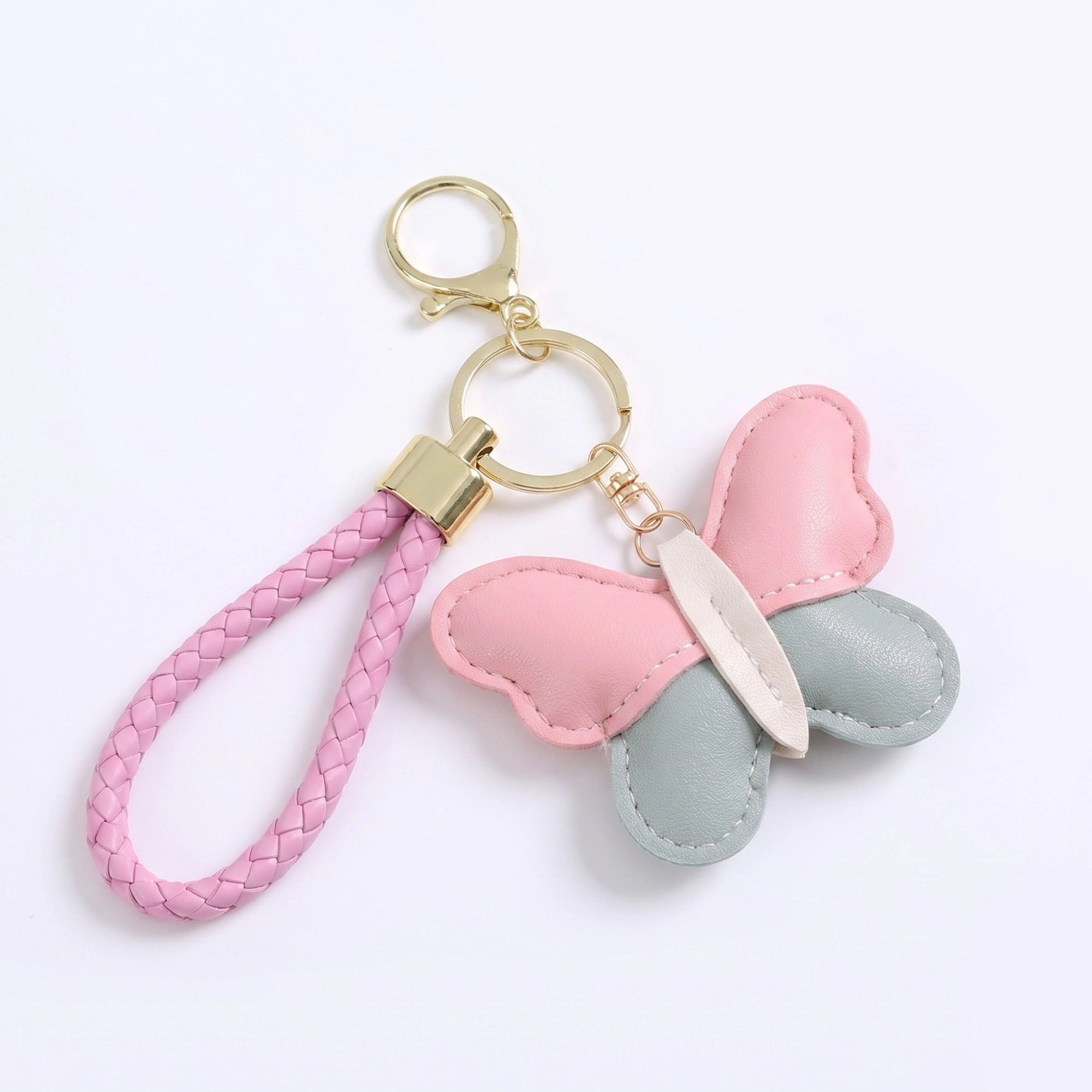 Alilang Women's 2-Piece Womens Faux Leather Bag Charm Keychain with Braided Wrist Strap and Gold Tone Ring