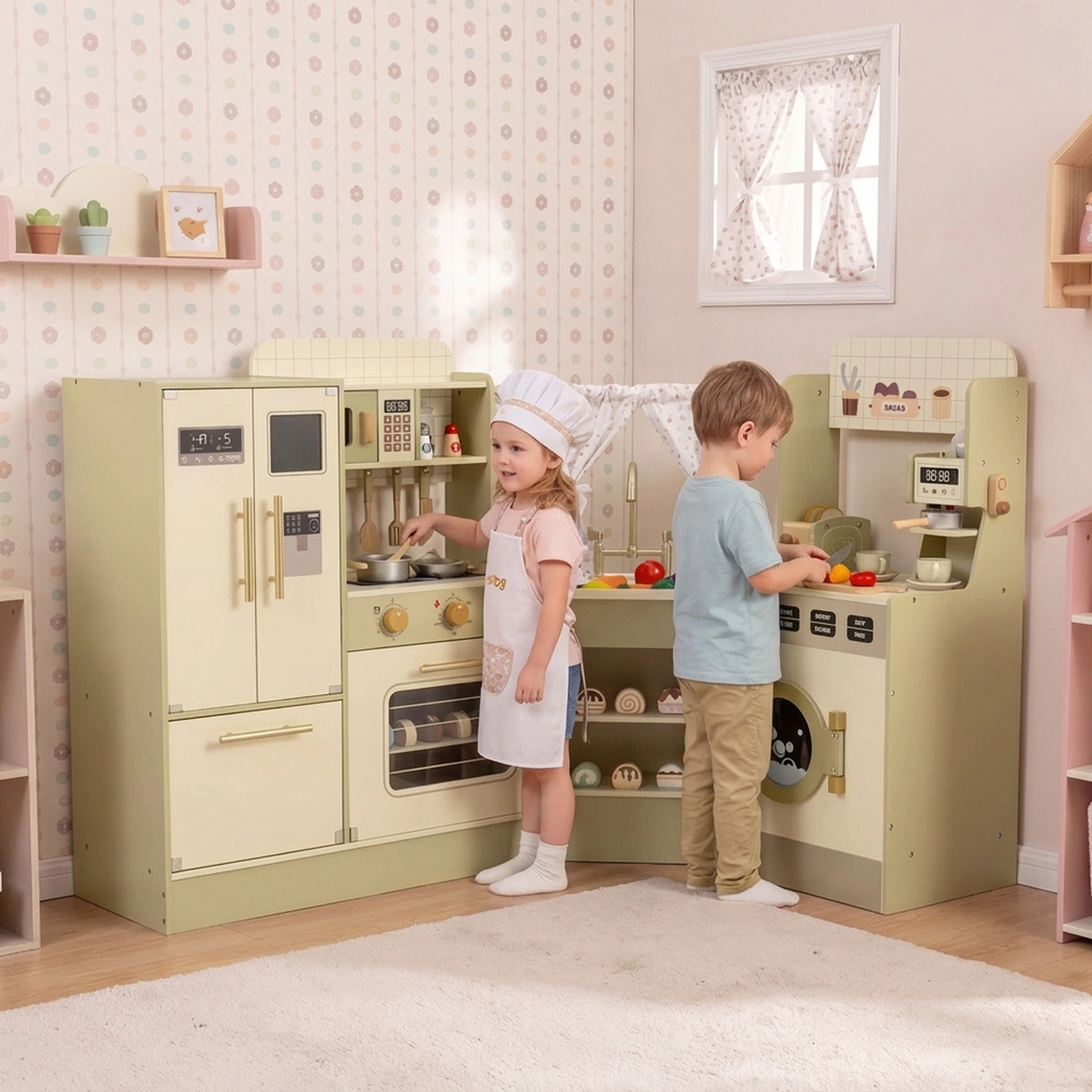 SUGIFT Green Faucet Dishwasher Coffee Machine and 21 Accessories Kids Corner Play Kitchen