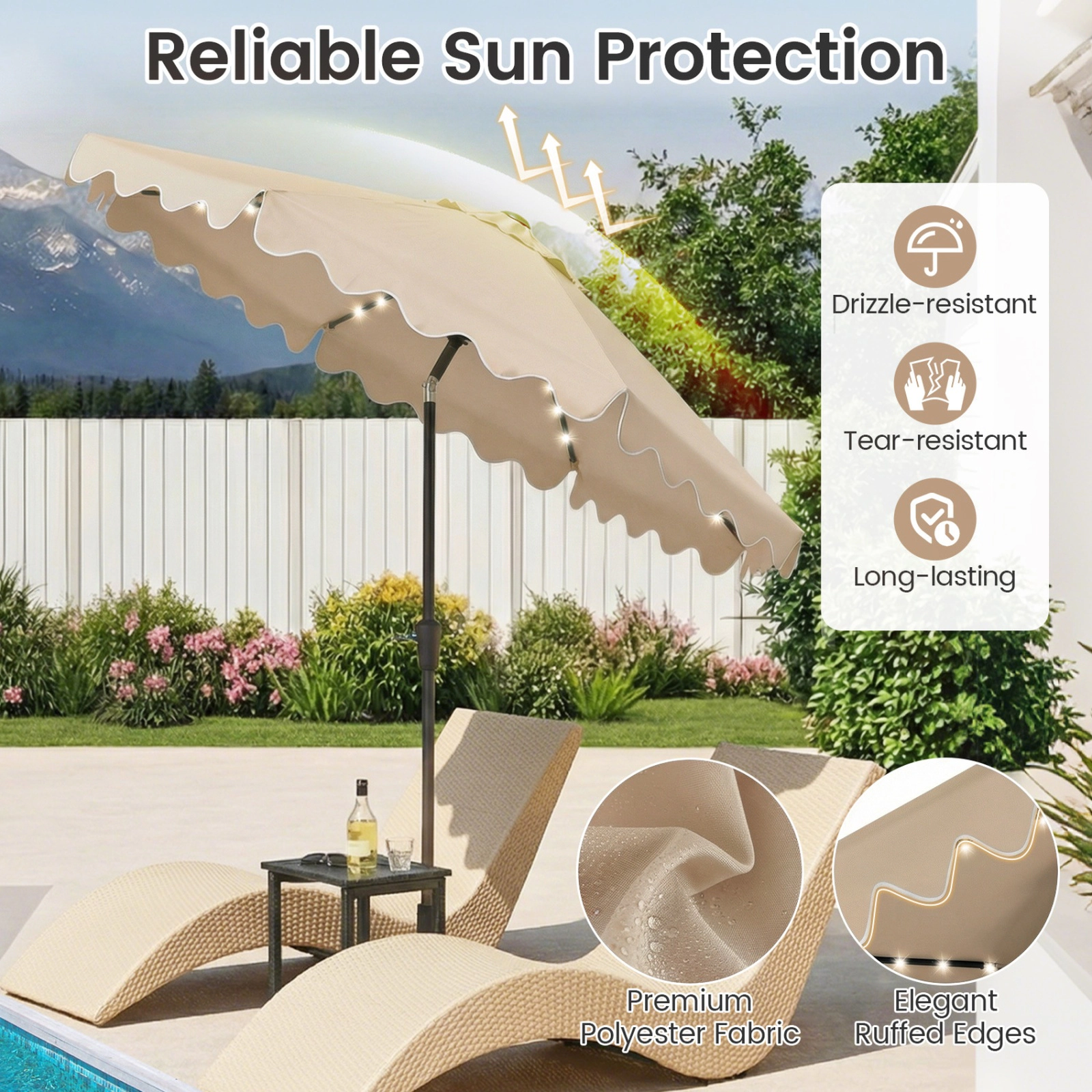 SUGIFT 9-ft Solar LED Lighted Outdoor Patio Umbrella with Crank Tilt, 9 x 8 in Canopy and Weighted Base Brown