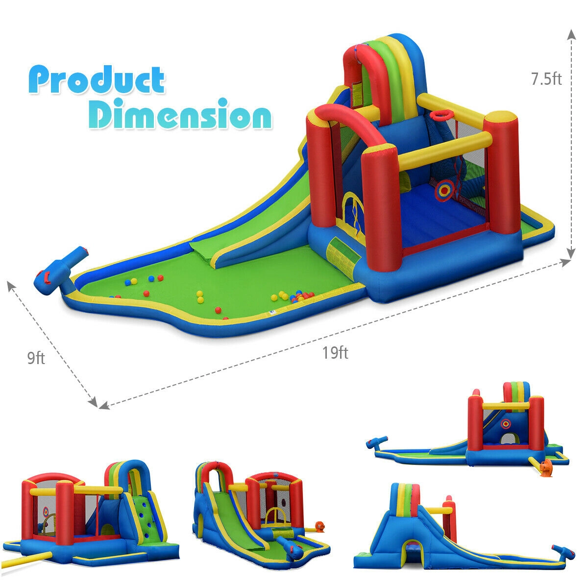 SUGIFT Inflatable Bounce House Castle with Curved Water Slide Tunnel Dart Board and 740W Blower