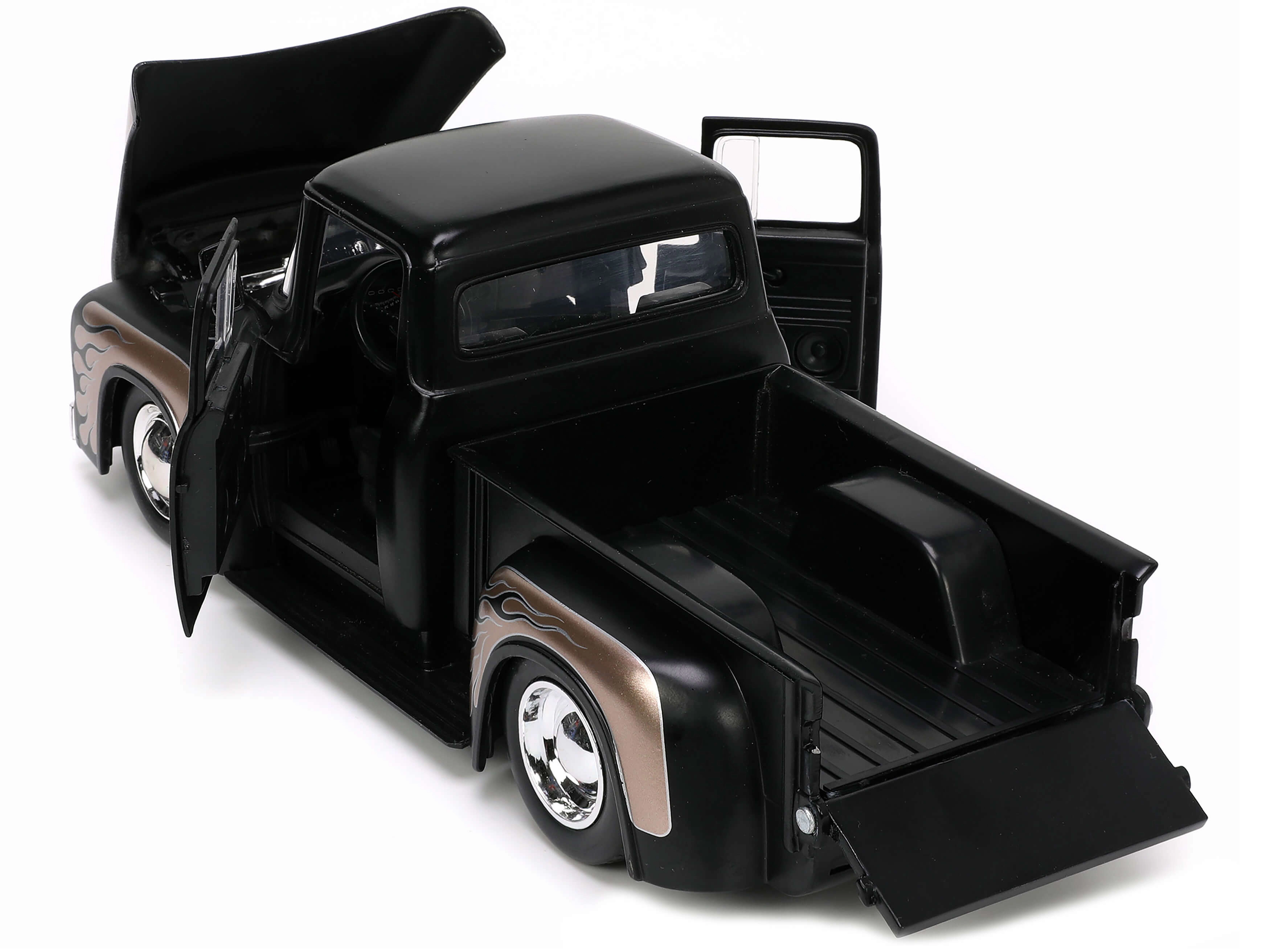 Jada 1956 Ford F-100 Pickup Truck Matt Black and Champagne with Flames with Extra Wheels "Just Trucks" Series