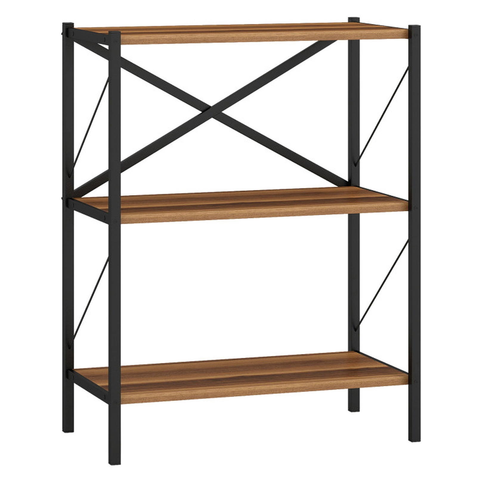 SUGIFT 3-Tier Walnut 33.5-in Short Bookshelf with Heavy-Duty Metal Frame X-Brace and 4-in Clearance