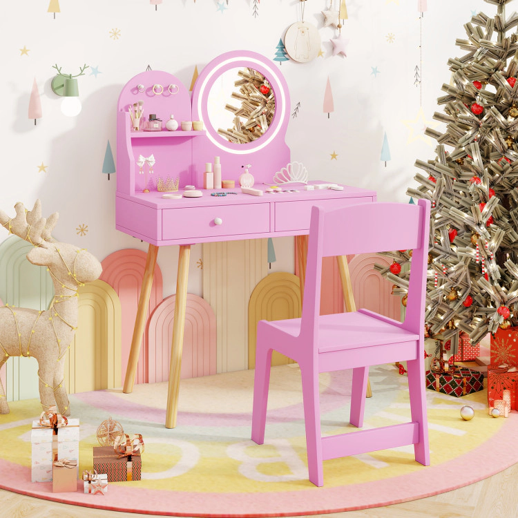 Hivvago Kids Princess Makeup Dressing Desk And Chair Set With Mirror Lights