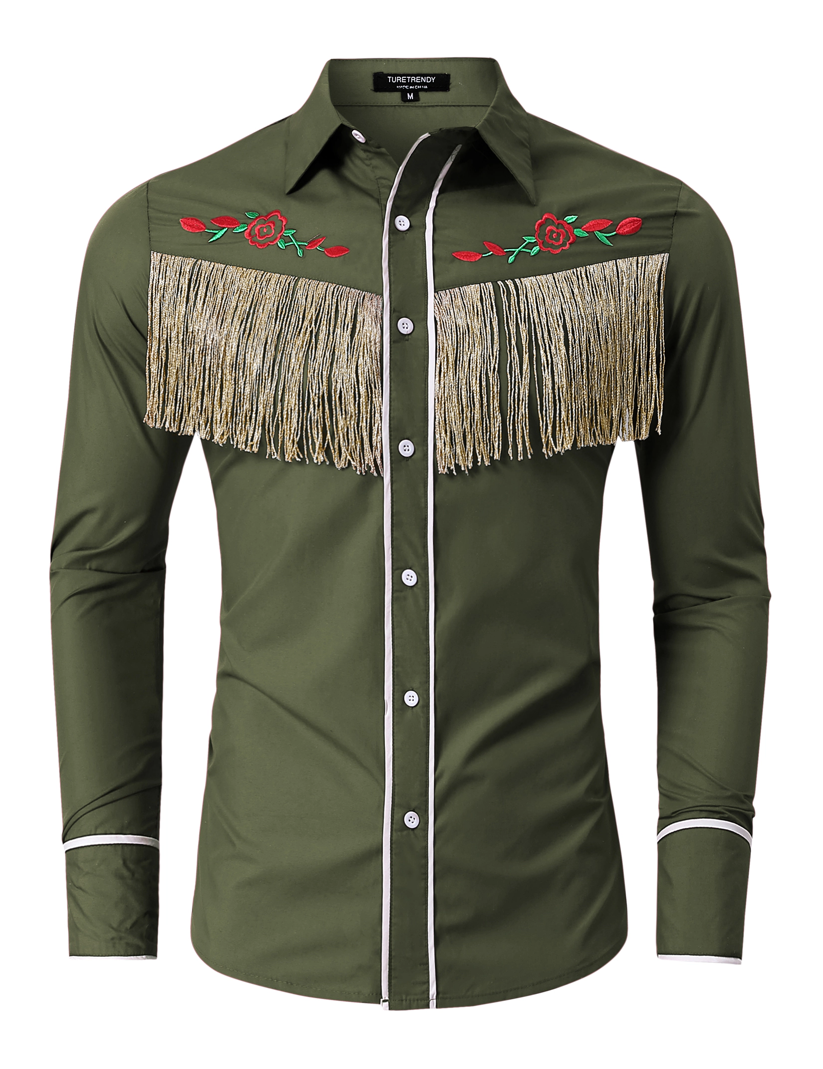 KOJOOIN Men's Western Fringe Shirt Long Sleeve Button Down Rose Embroidered Hippie Cowboy Costume