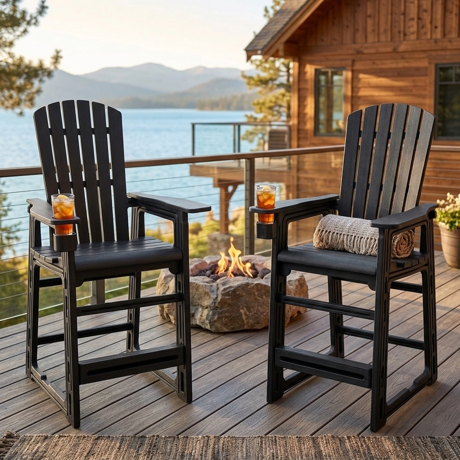SUGIFT Outdoor Bar Stool Chairs with Backrest, Armrests and Cup Holder 440-lb Capacity 29-in Seat Height Black