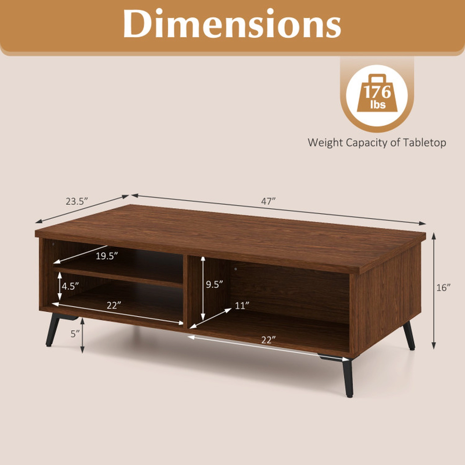 SUGIFT 47-in 176-lb Capacity 2-Tier Mid Century Modern Walnut Coffee Table with Metal Legs and Side Compartments