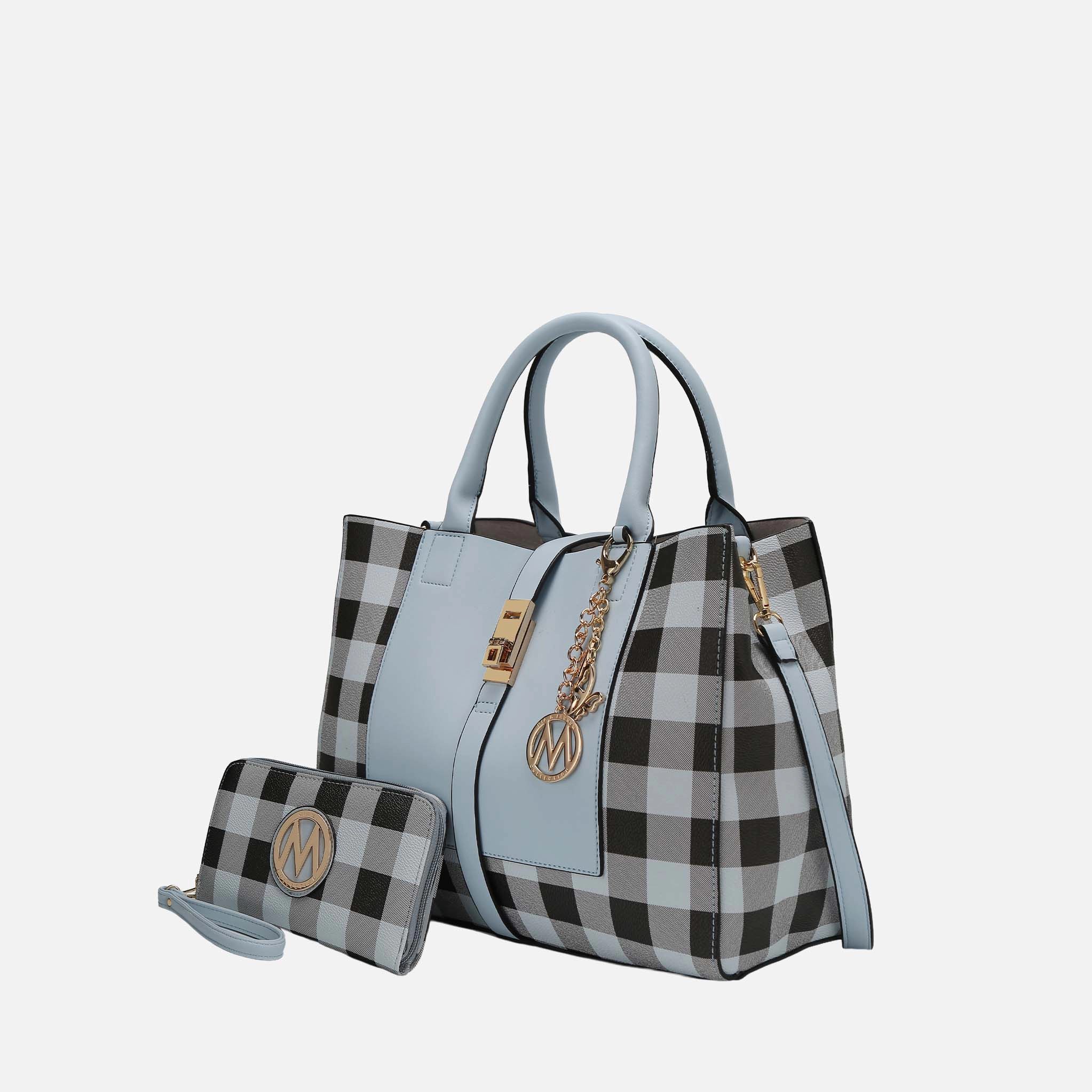 MKF Collection by Mia K Yuliana Checkered Vegan Leather Satchel with Matching Wallet, Light Blue