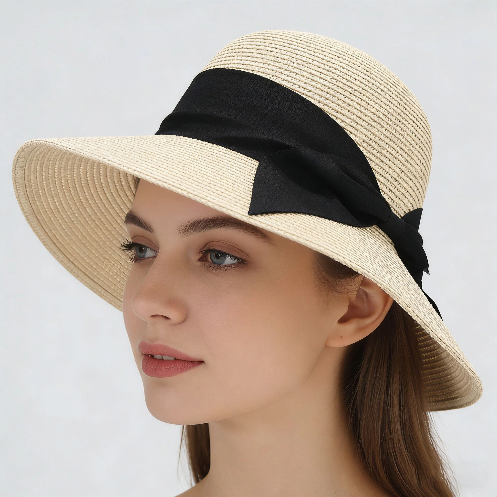 Anna-Kaci Womens Wide Brim Straw Sun Hat with Ribbon Bow Lightweight Packable Design