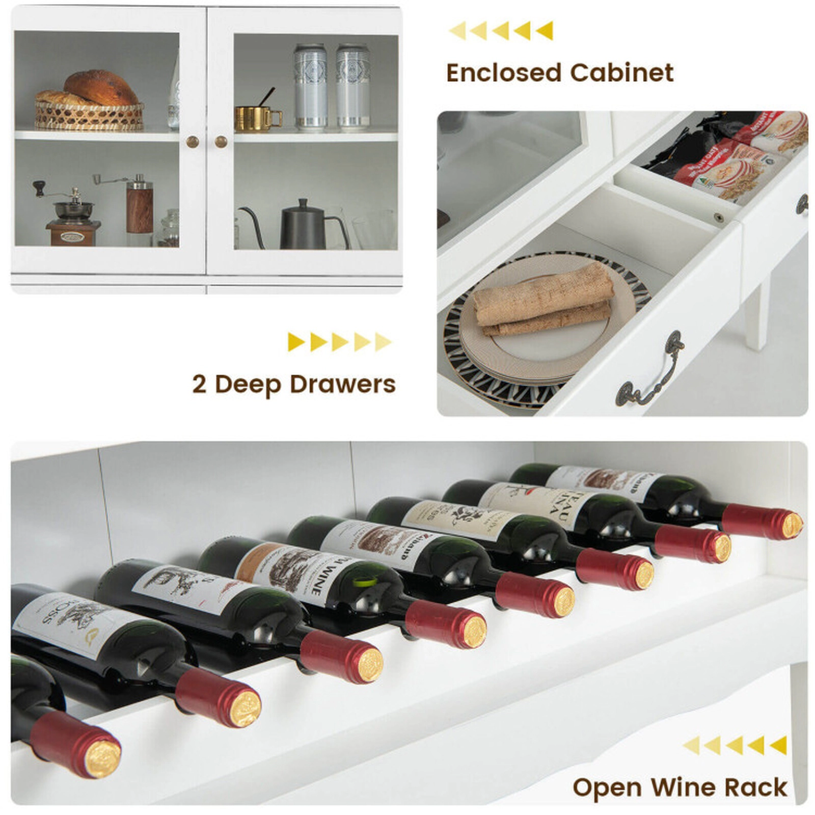 SUGIFT 36-in Wide Sideboard Buffet Cabinet with 2 Tempered Glass Doors and Open Wine Rack 310-lb Capacity White Brown