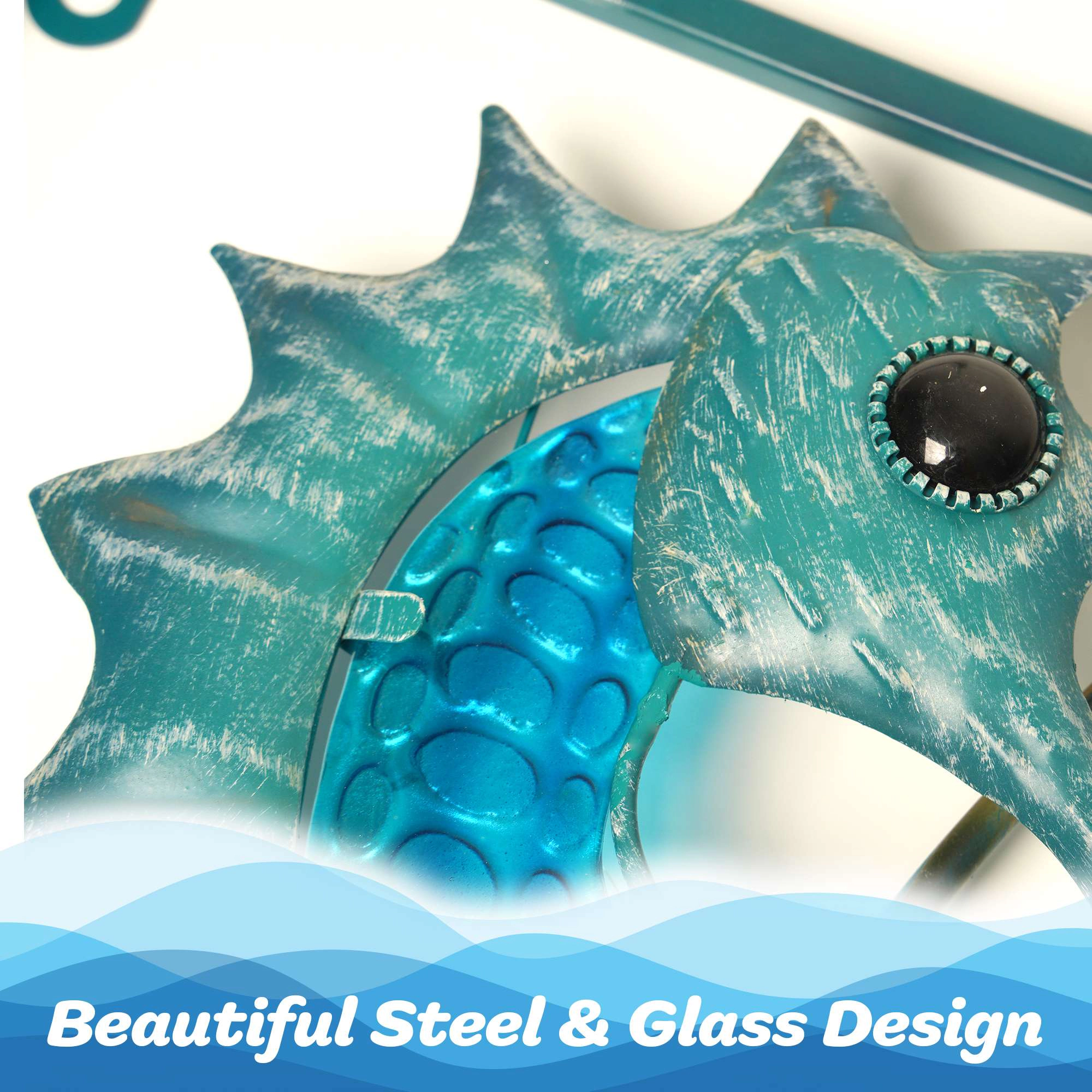 G128 Seahorse Metal Wall Art Set - Turquoise LED Coastal Decor, 16" x 12", Set of 2 - Battery Operated