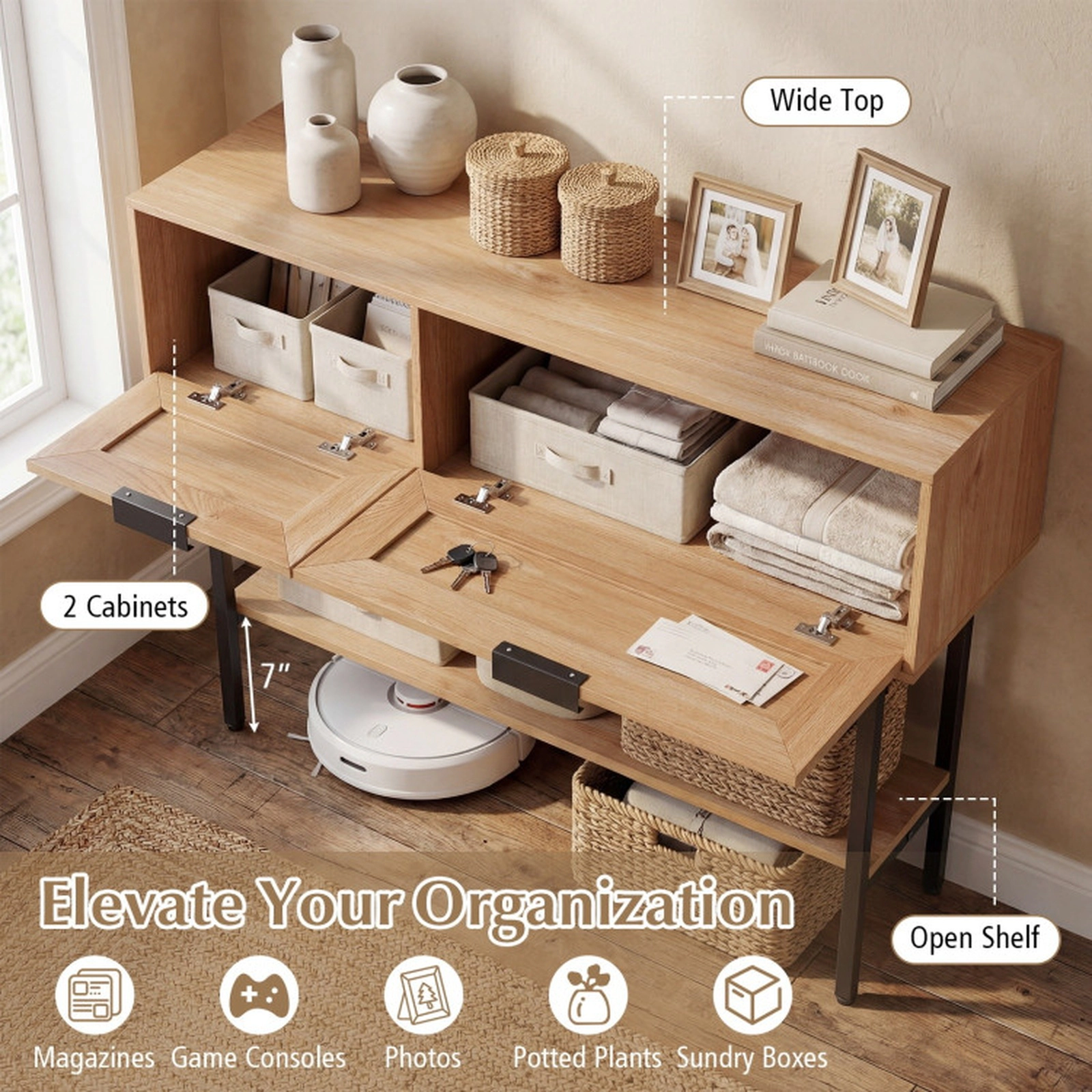 SUGIFT Rattan Console Table with 2 Storage Cabinets and Open Shelf 90-lb Top Capacity Black & Natural