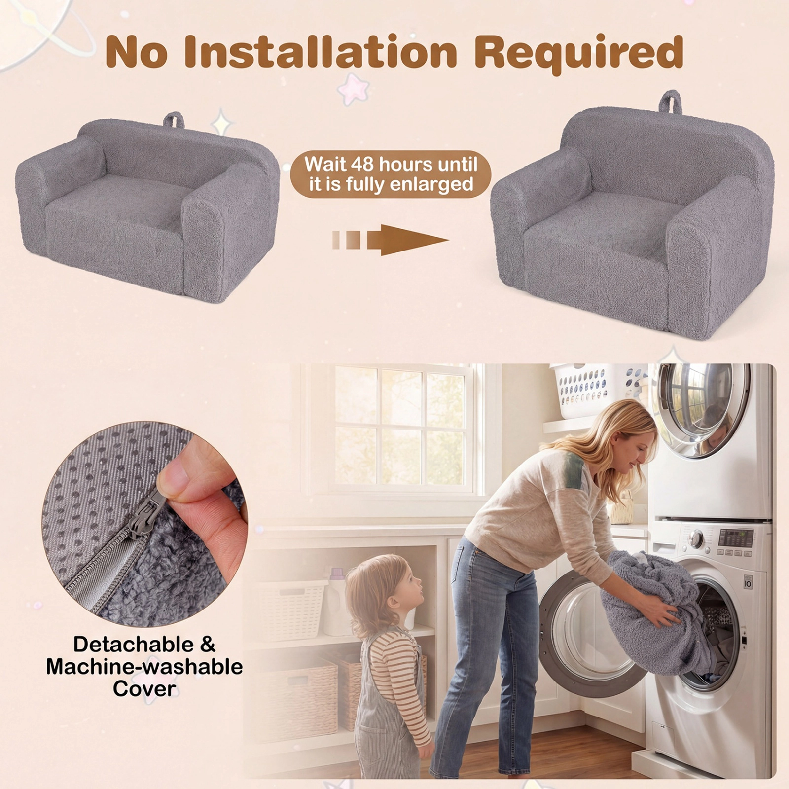 SUGIFT Teddy Fleece Kids Couch Portable Toddler Sofa Chair with Carry Handle 24.5-in Wide Ages 3+ Gray