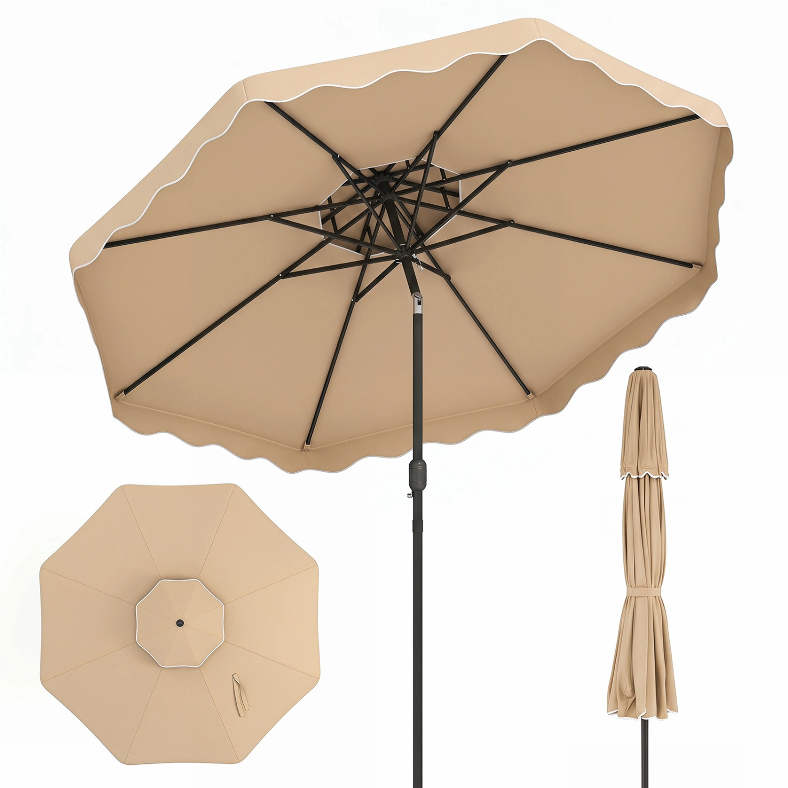 SUGIFT 10-ft Beige Round Market Patio Umbrella, Scalloped Canopy, Vented Double Top, 8 Ribs