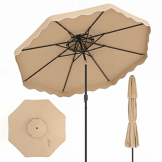 SUGIFT 10-ft Beige Round Market Patio Umbrella, Scalloped Canopy, Vented Double Top, 8 Ribs