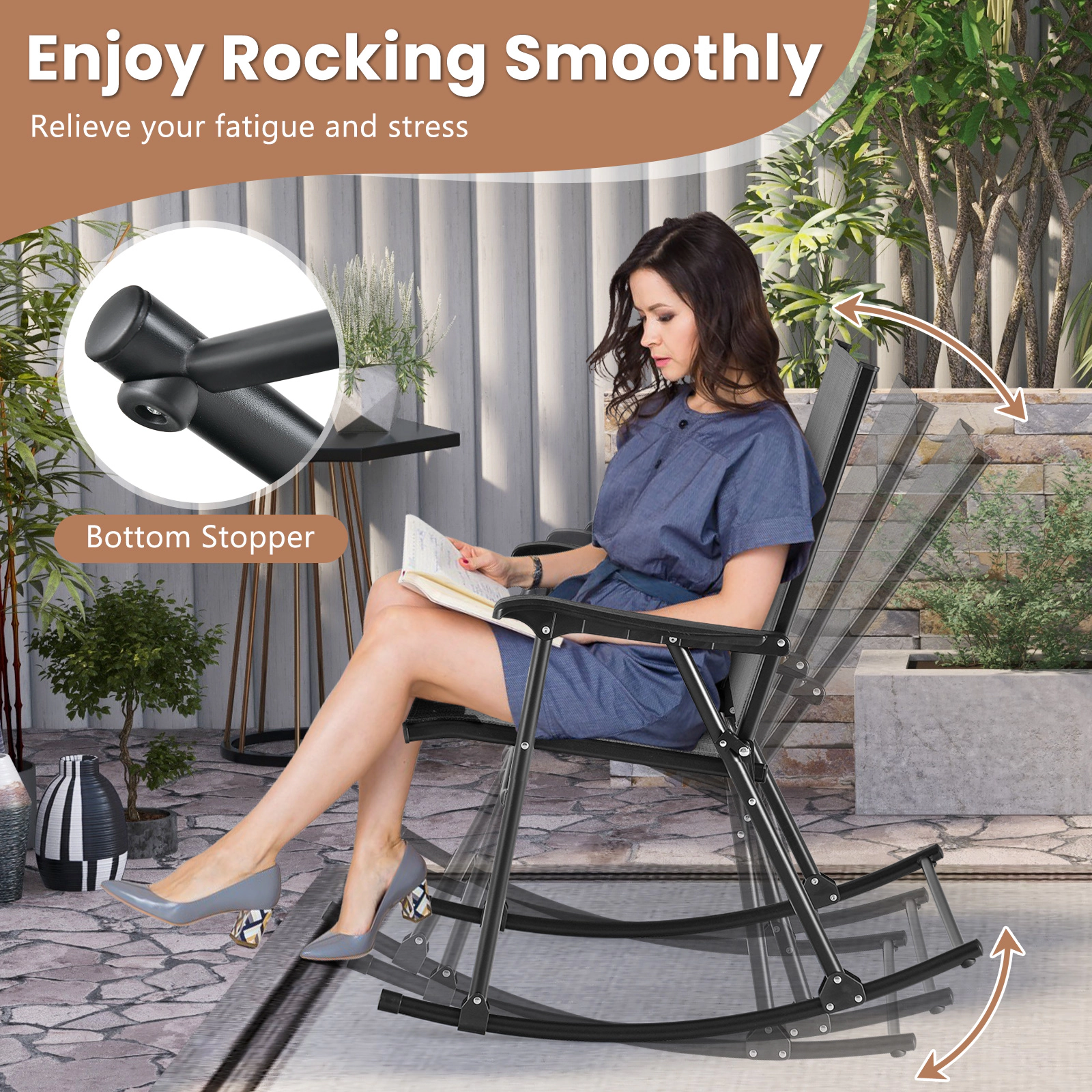 SUGIFT Gray Breathable Seat Fabric Set of 2 Folding Rocking Chairs
