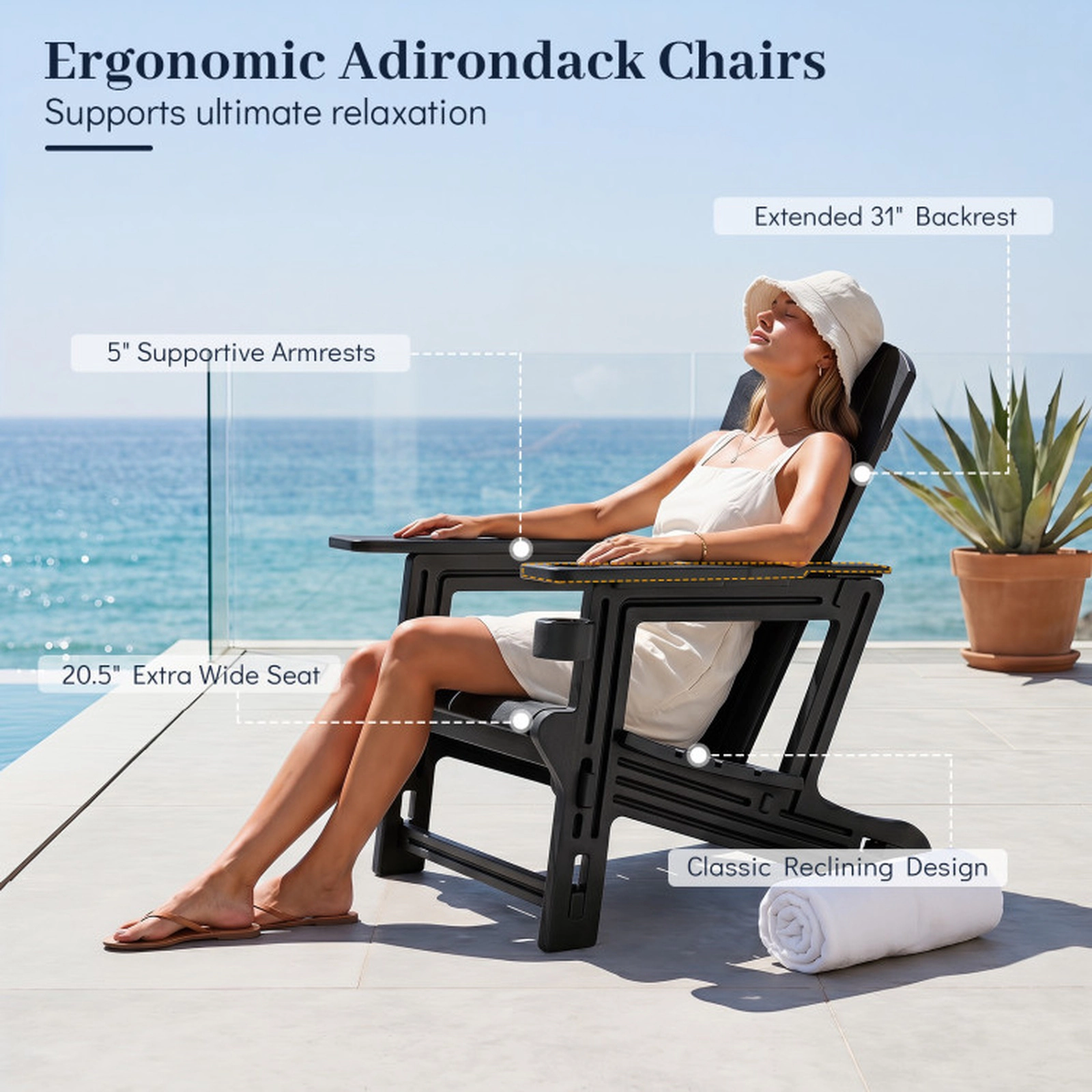 SUGIFT HDPE Adirondack Chair with Realistic Wood Grain Reclining Back and Cup Holder 550-Lb Capacity Black