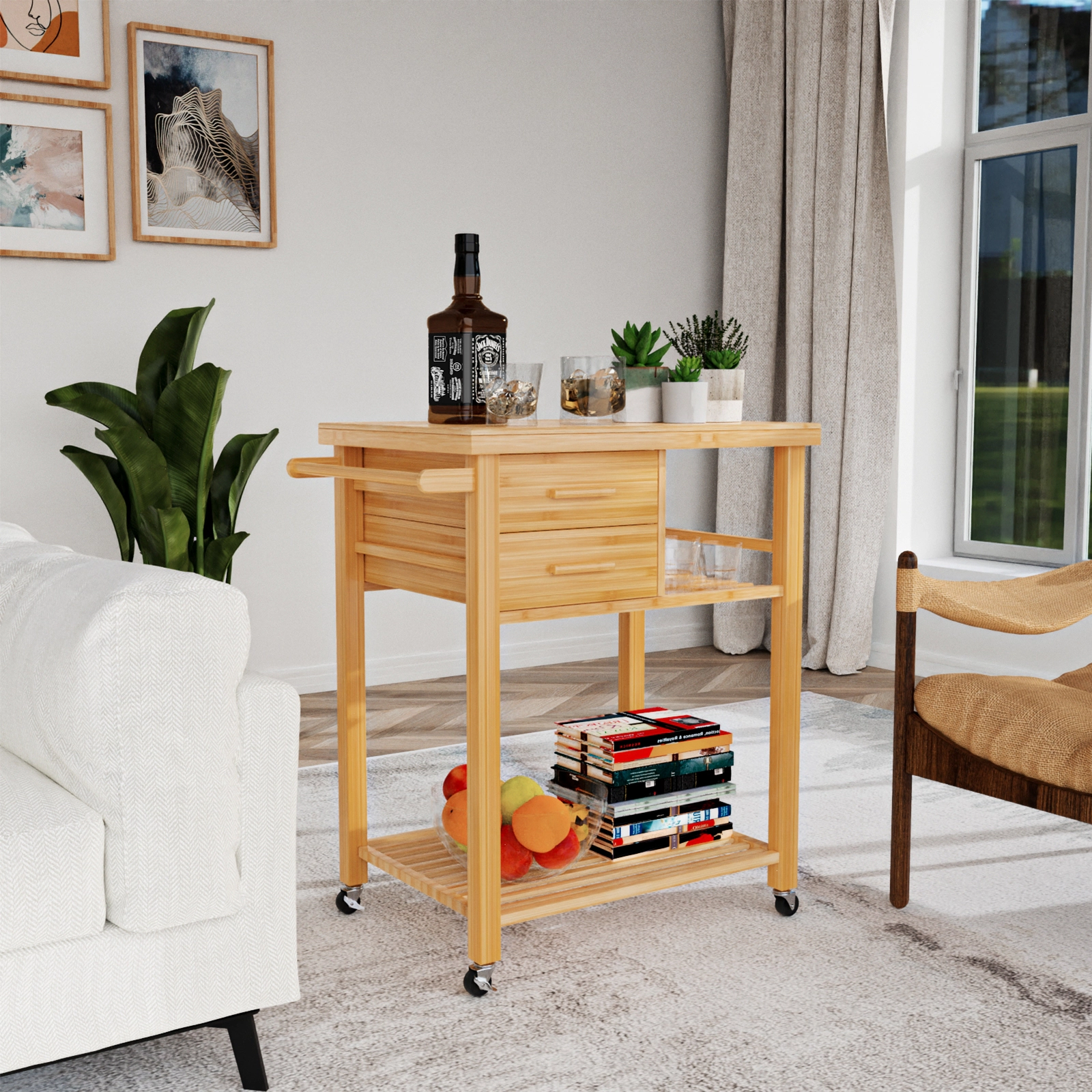 SUGIFT Bamboo Kitchen Trolley Cart Natural with Tower Rack Drawers and Casters