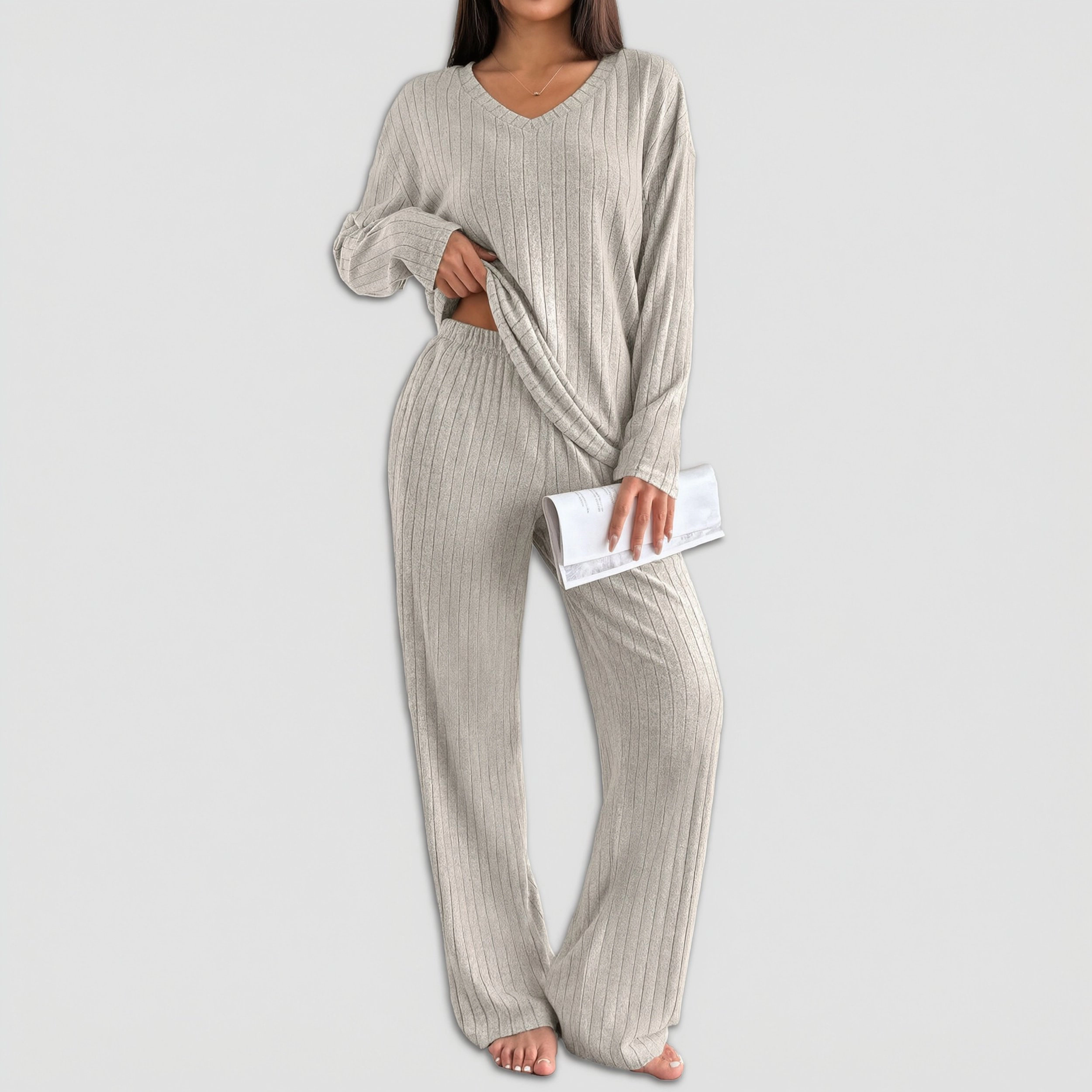 Ekouaer Lounge Sets for Womens Long Sleeve Knit Ribbed Pajama Two Piece Loungewear