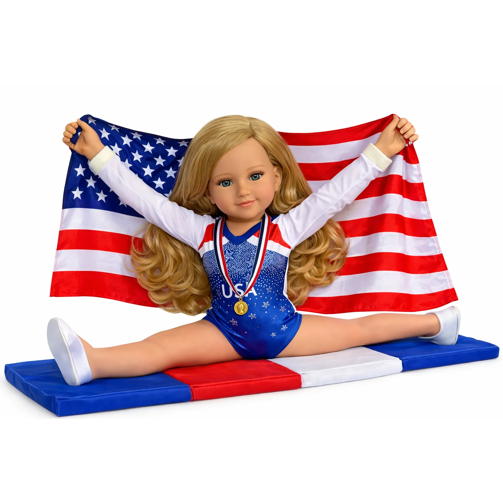 MBD® USA Gymnastics Doll Outfit Set with Mat, American Flag, Medal & Slippers – Fits 18 Inch Dolls
